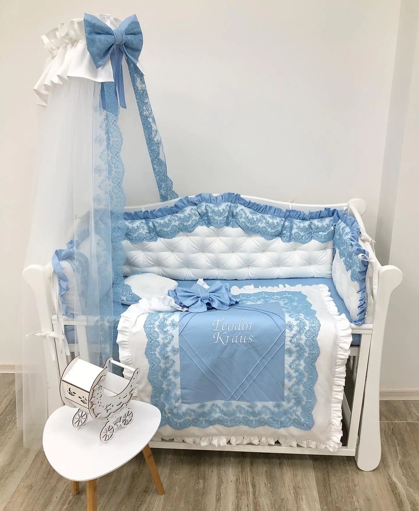 Luxury personalized bedding set “Blue Dream ” color blue and white - Baby Bedding Worlds