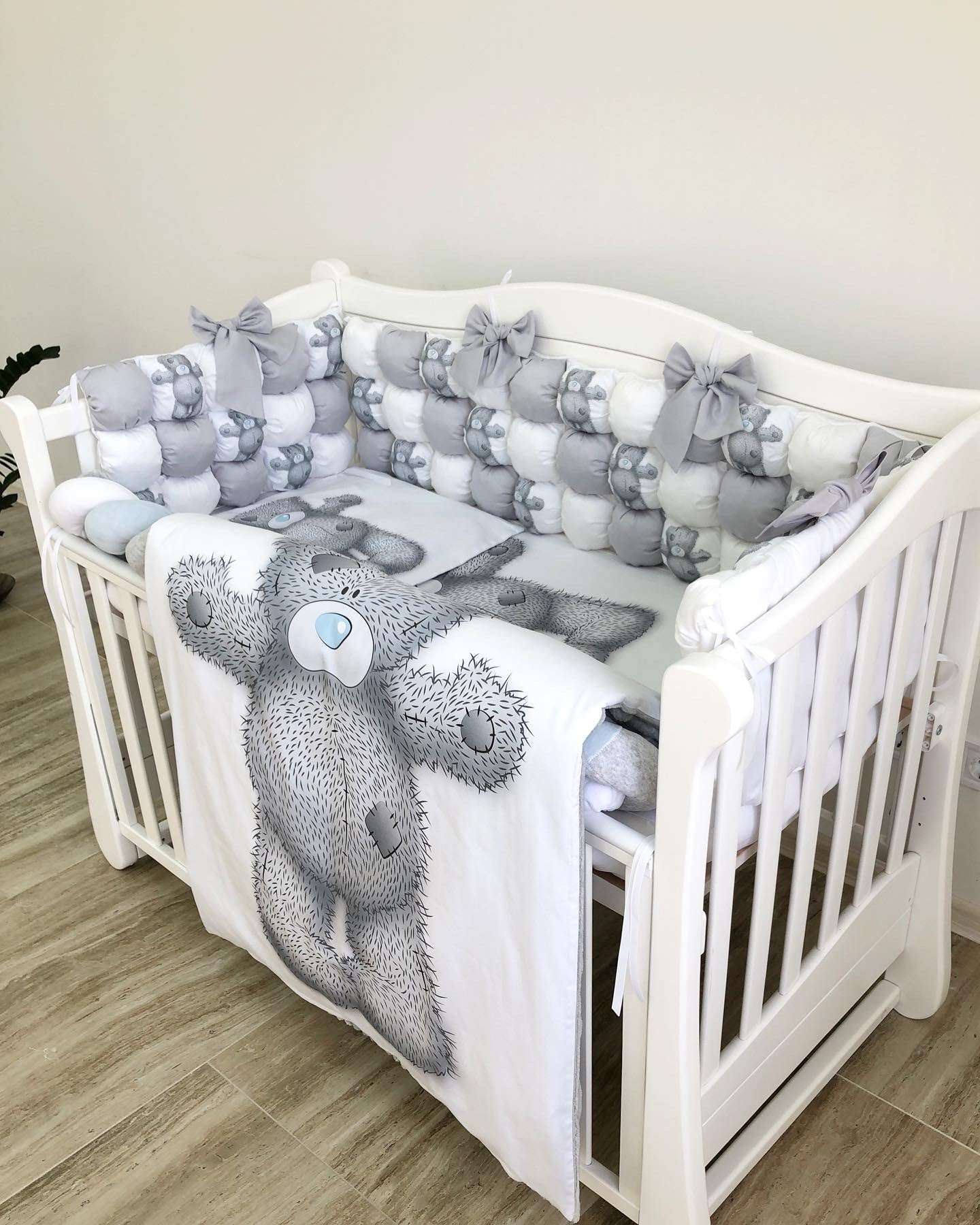 Bubble bumper baby bedding set "Grey Teddy" - Baby Bedding Worlds