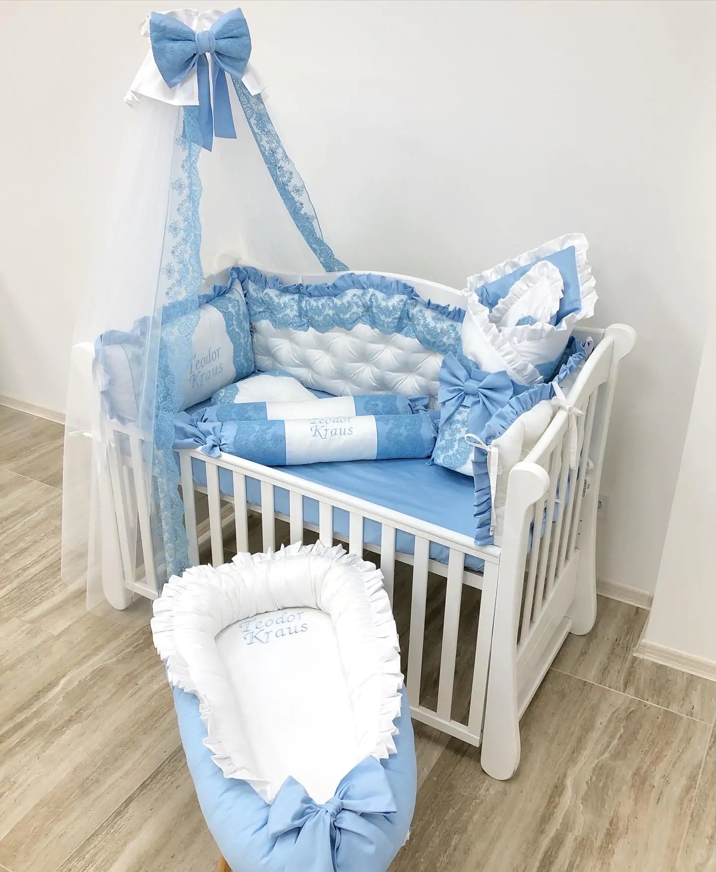 Luxury personalized bedding set “Blue Dream ” color blue and white - Baby Bedding Worlds