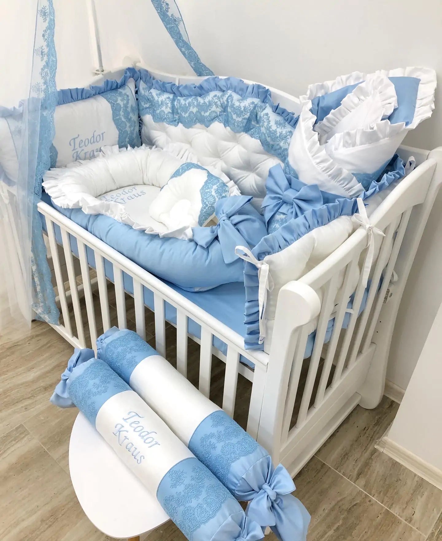 Luxury personalized bedding set “Blue Dream ” color blue and white - Baby Bedding Worlds