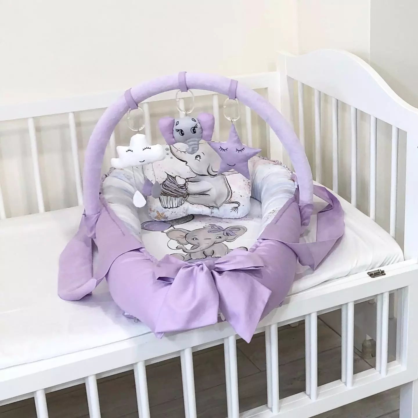 Elephant co-sleeper baby girl gift in purple color - Baby Bedding Worlds