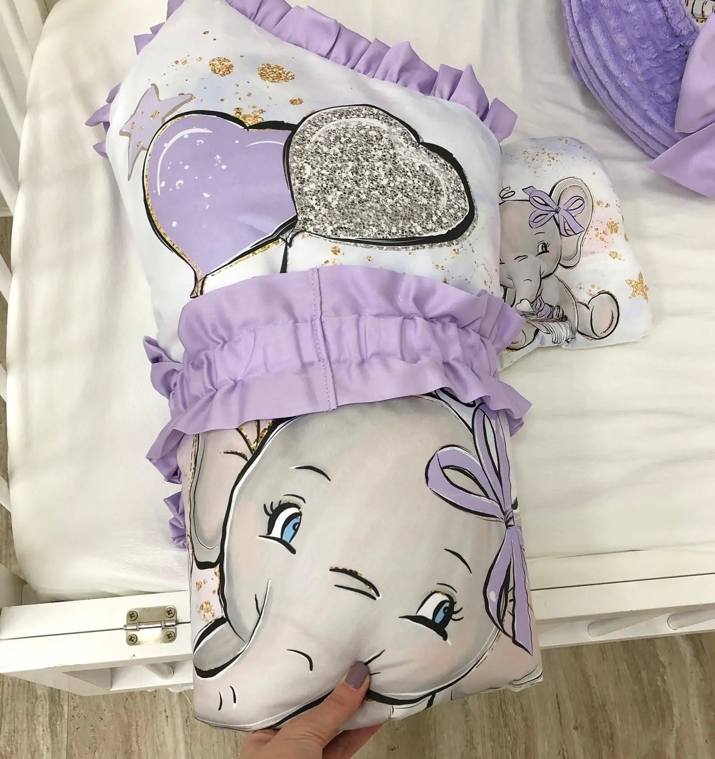 Baby girl Luxury crib Bedding set “Purple Elephant” - Baby Bedding Worlds