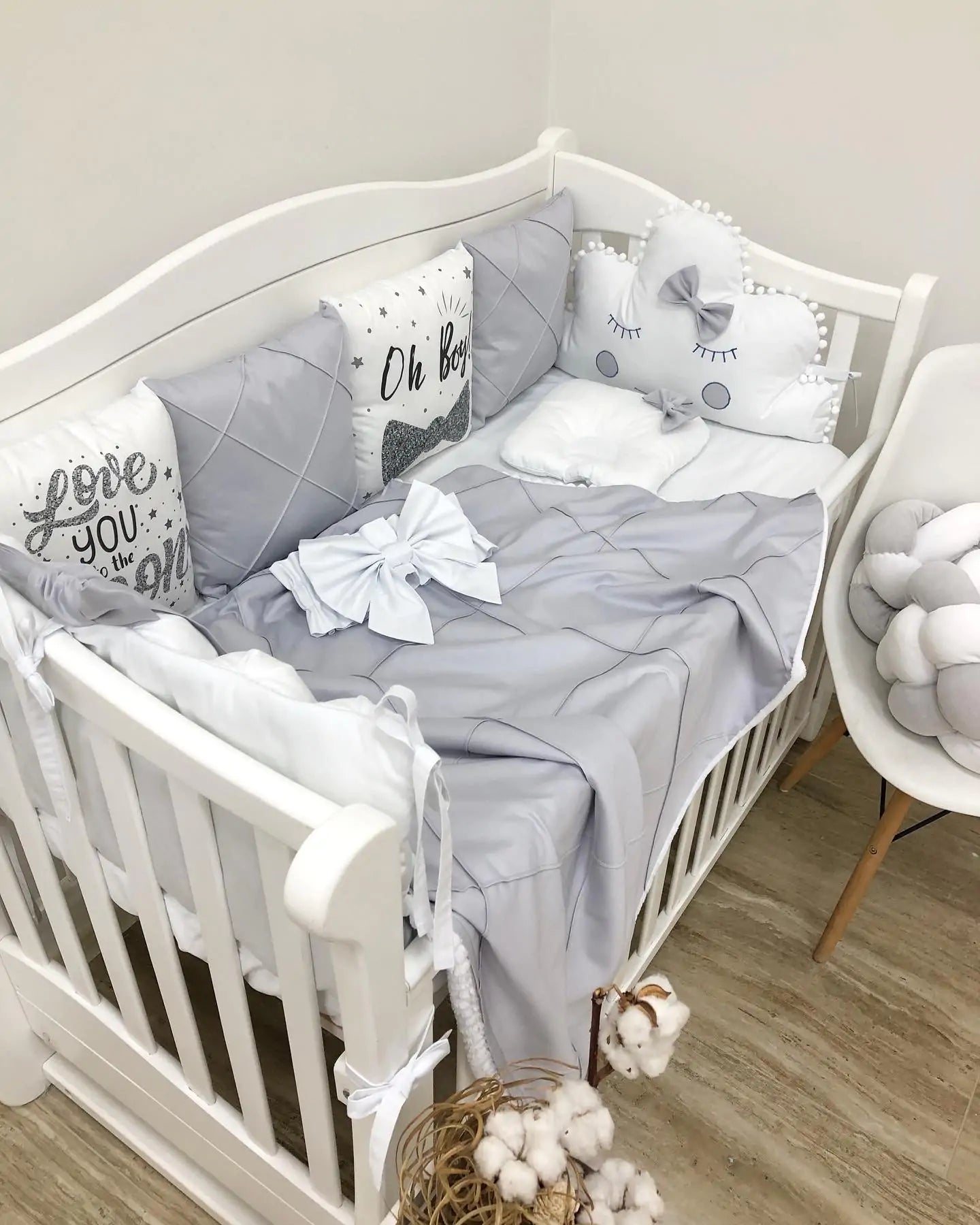 Crib set “Monochrome” gray-white - Baby Bedding Worlds