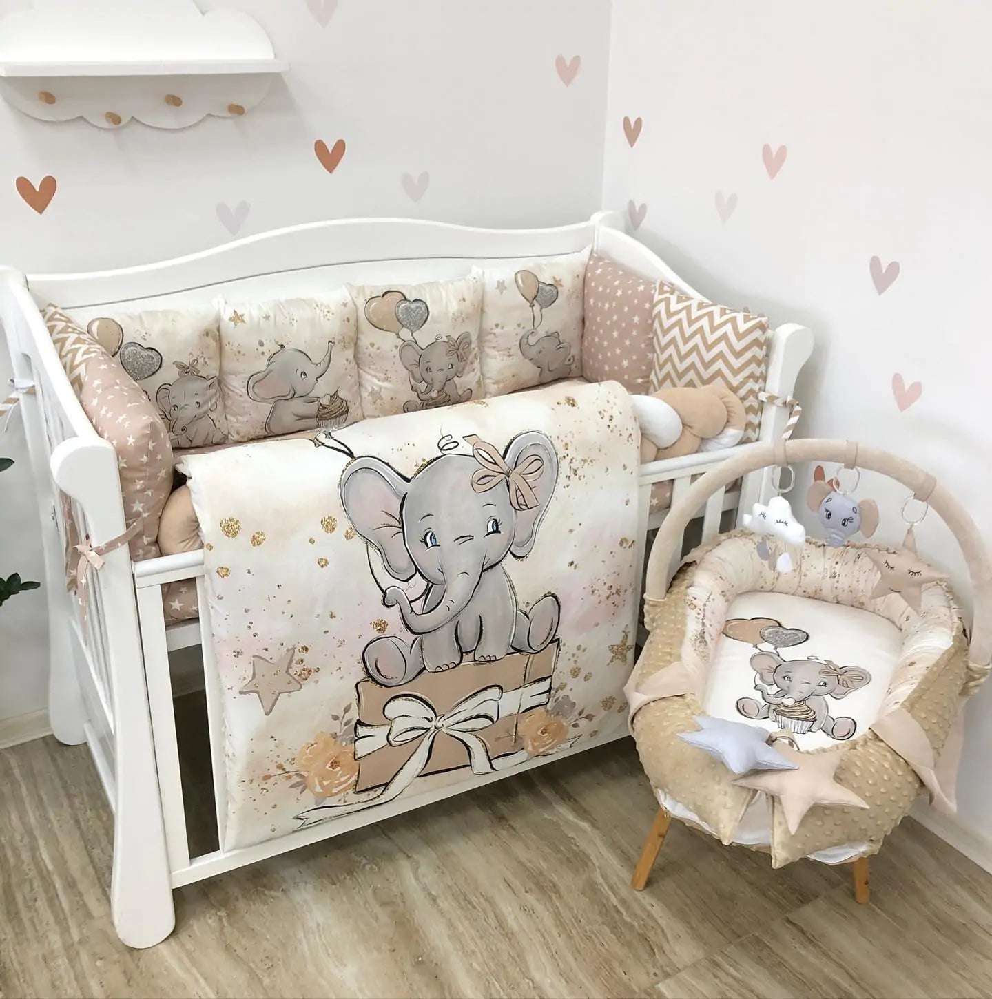 Beige elephant crib set with baby nest - Baby Bedding Worlds