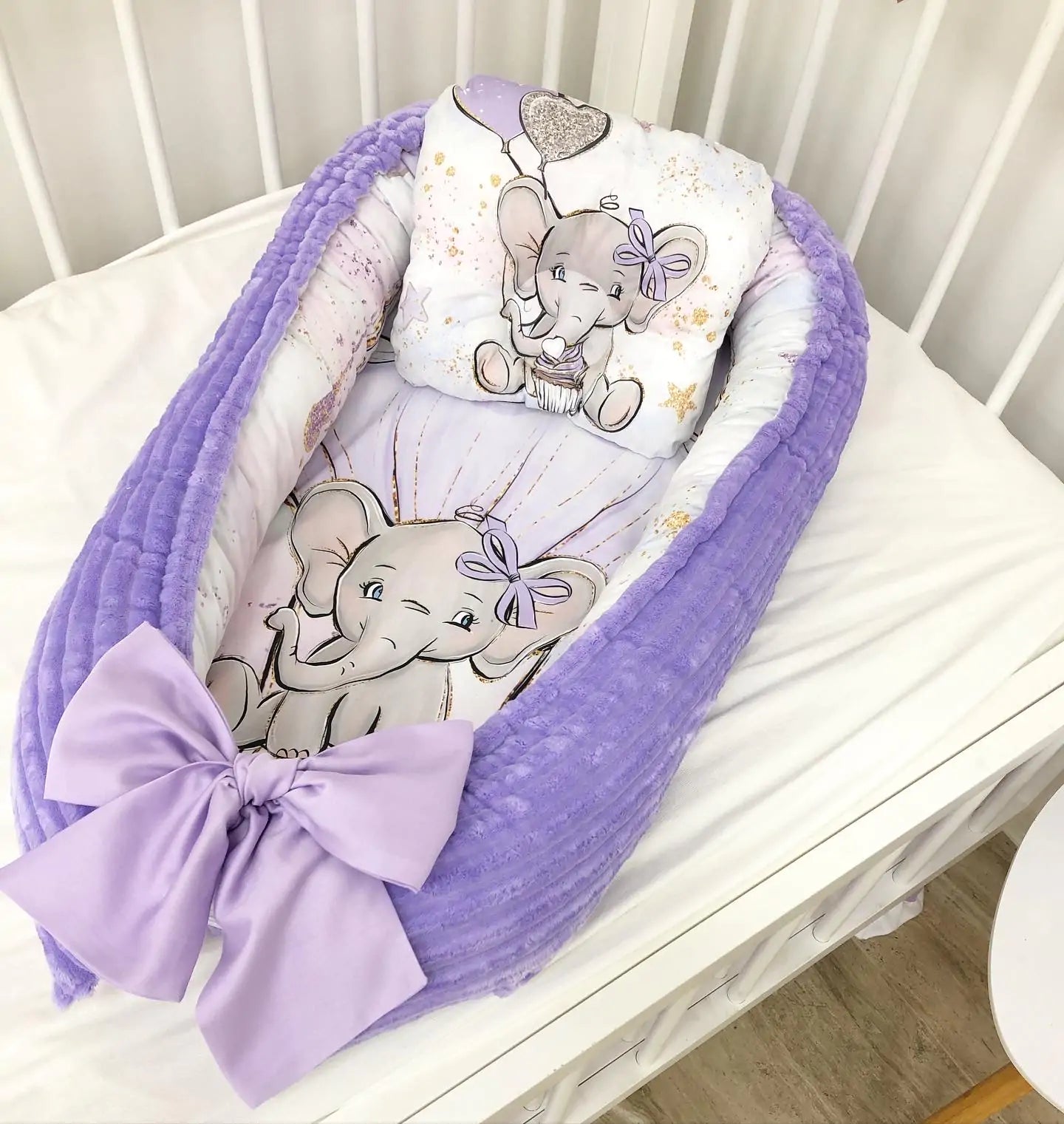Baby girl Luxury crib Bedding set “Purple Elephant” - Baby Bedding Worlds