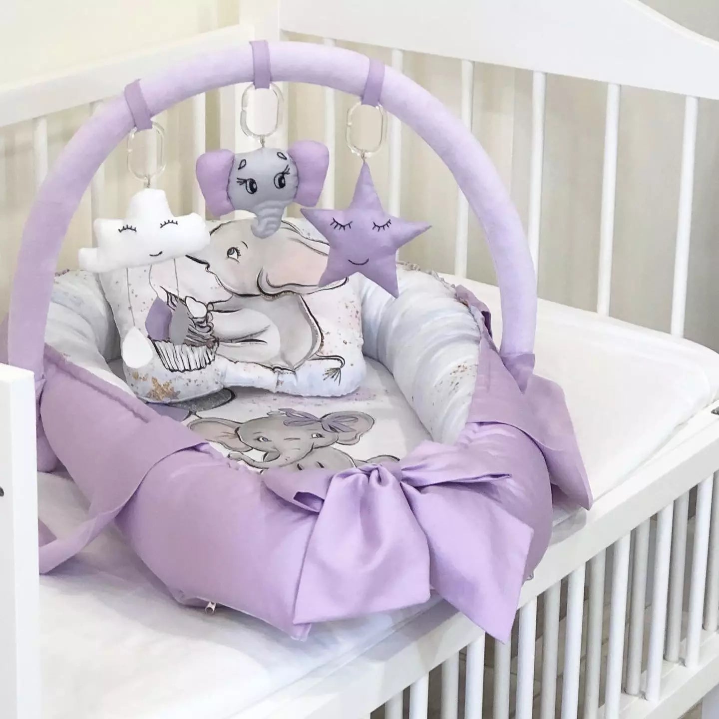 Elephant co-sleeper baby girl gift in purple color - Baby Bedding Worlds