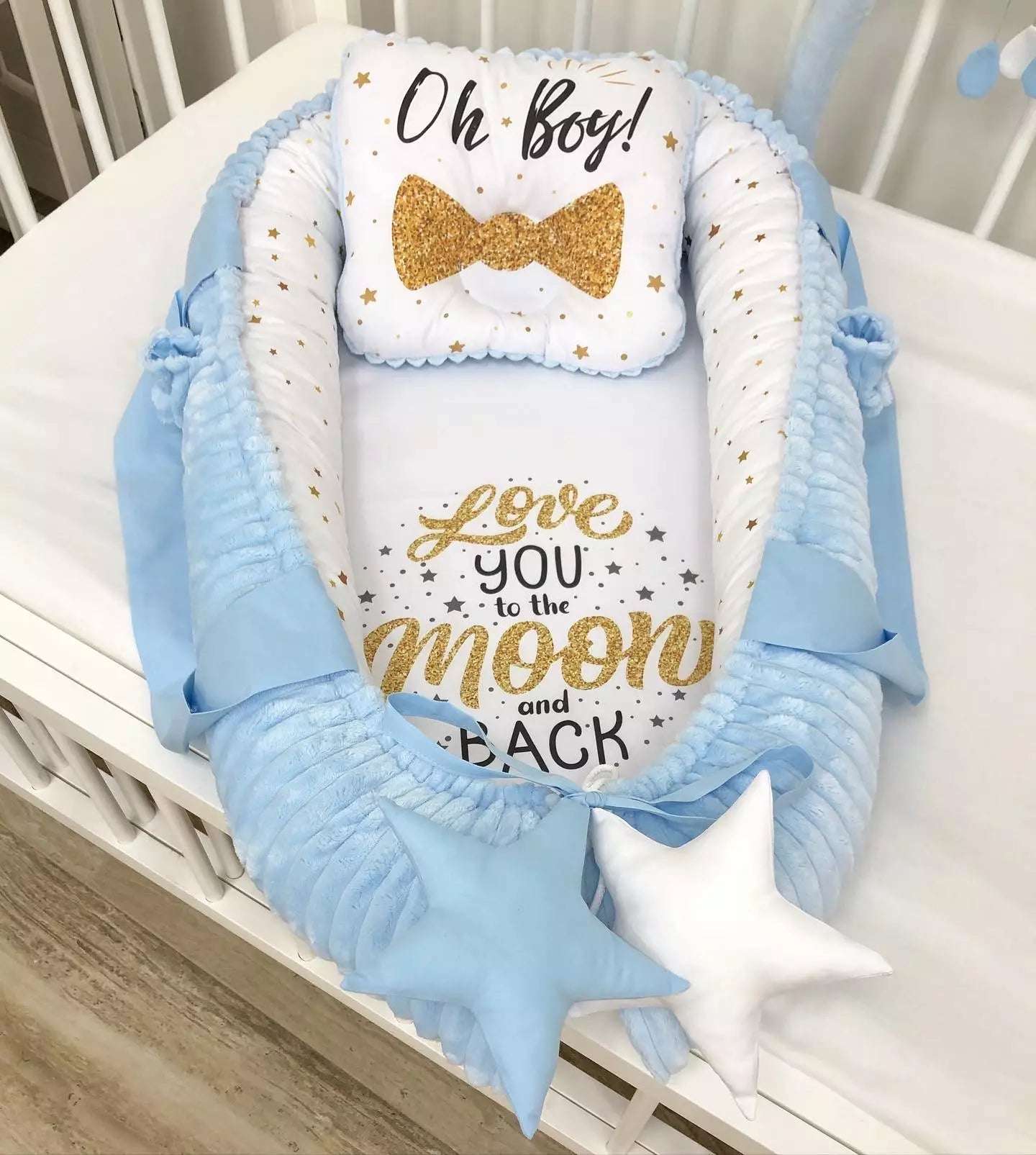 Baby nest with an arc and mini toys “Oh Boy” . - Baby Bedding Worlds