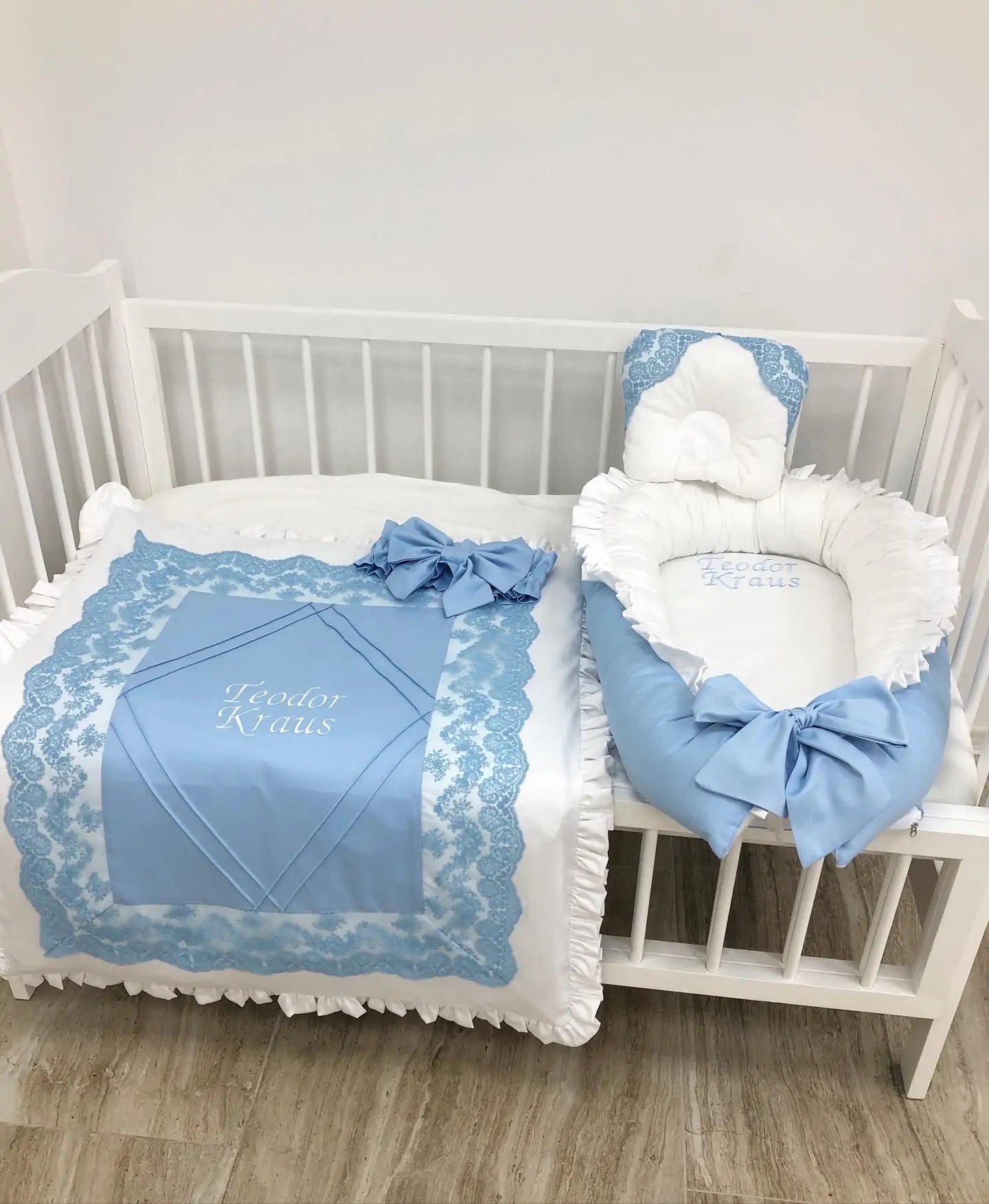 Luxury personalized bedding set “Blue Dream ” color blue and white - Baby Bedding Worlds
