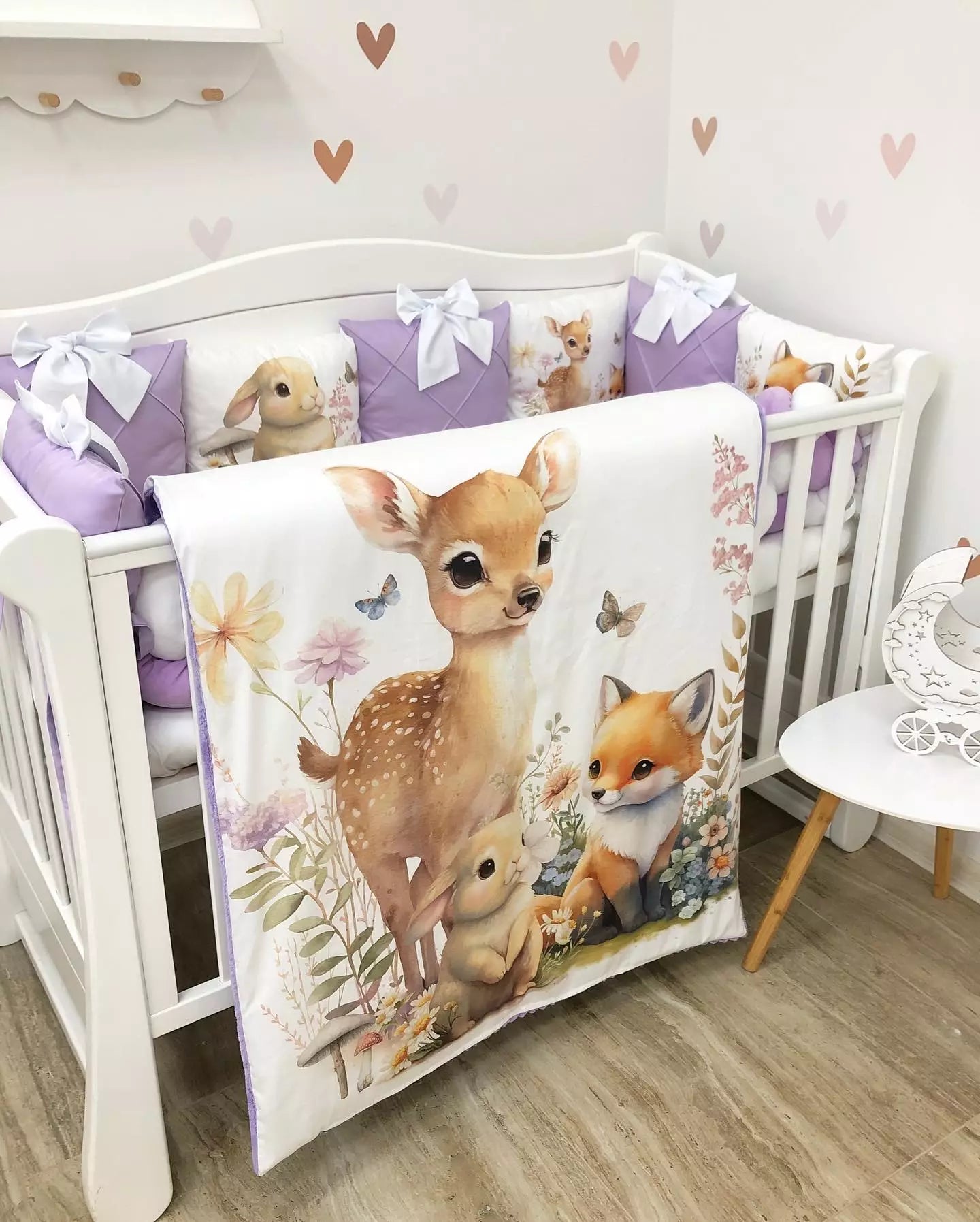 Crib Bedding set “Purple Forest Animals” - Baby Bedding Worlds