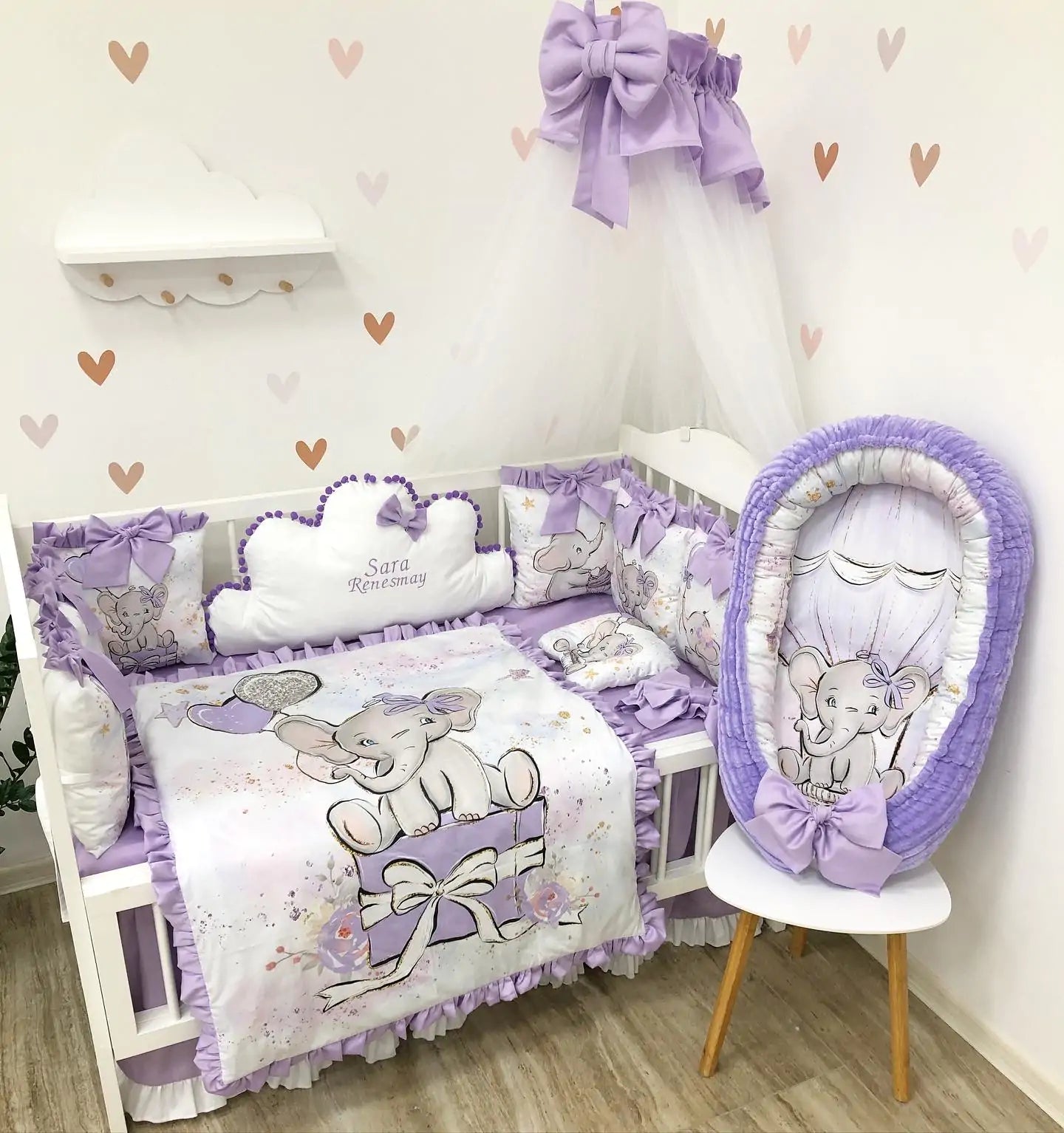 Baby girl Luxury crib Bedding set “Purple Elephant” - Baby Bedding Worlds