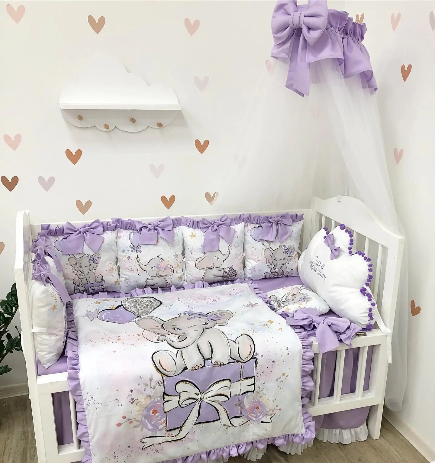 Baby girl Luxury crib Bedding set “Purple Elephant” - Baby Bedding Worlds
