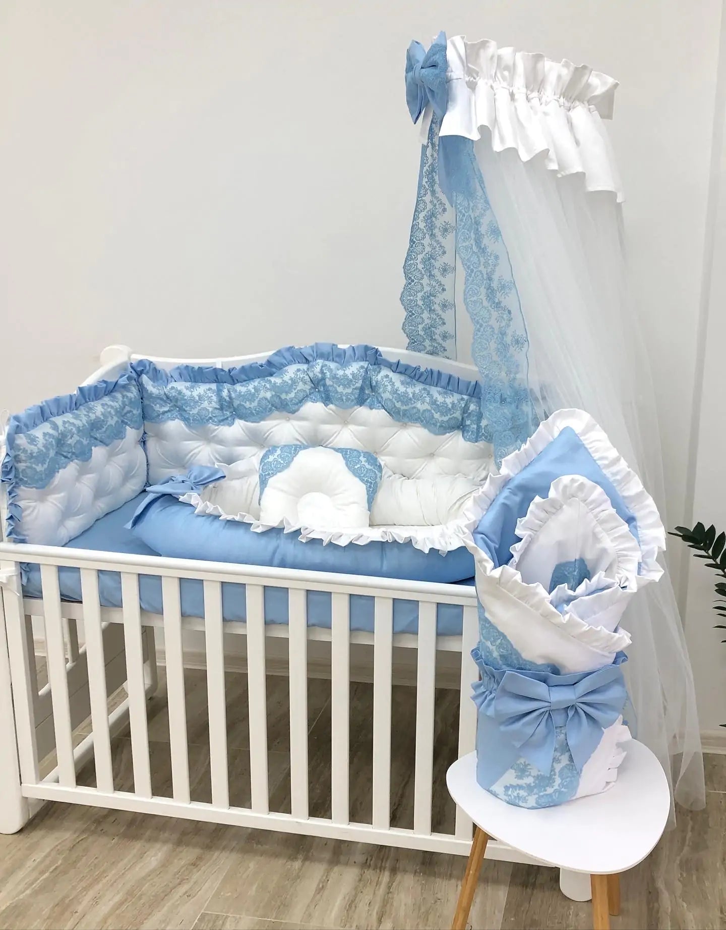 Luxury personalized bedding set “Blue Dream ” color blue and white - Baby Bedding Worlds