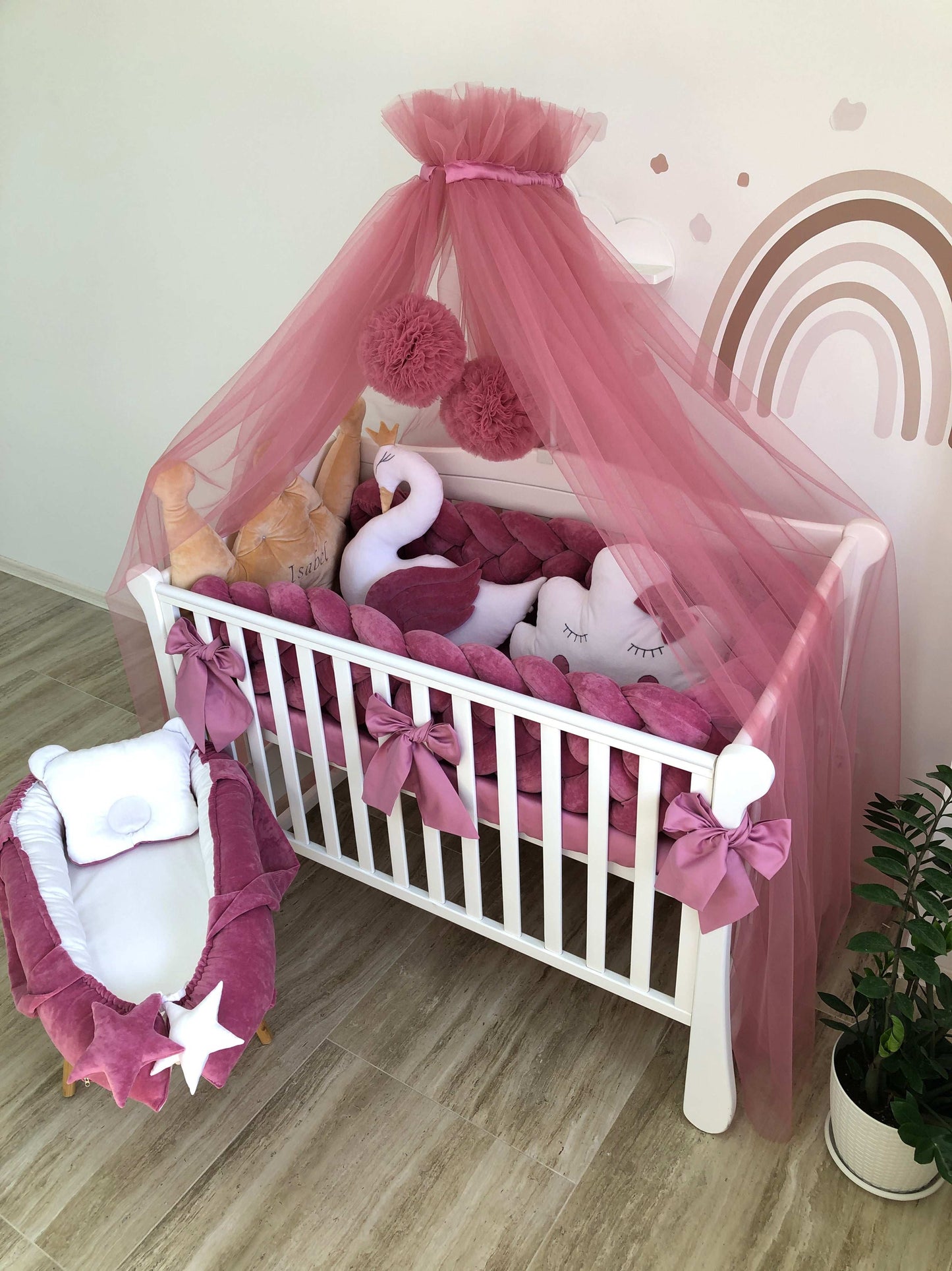 Crib Bedding Set "Rose Braid & White Swan"