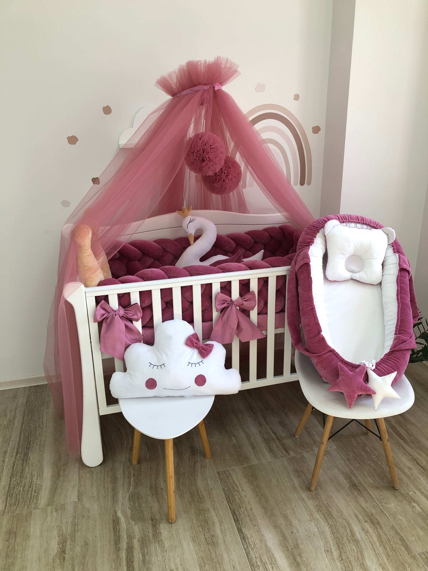 Crib Bedding Set "Rose Braid & White Swan"
