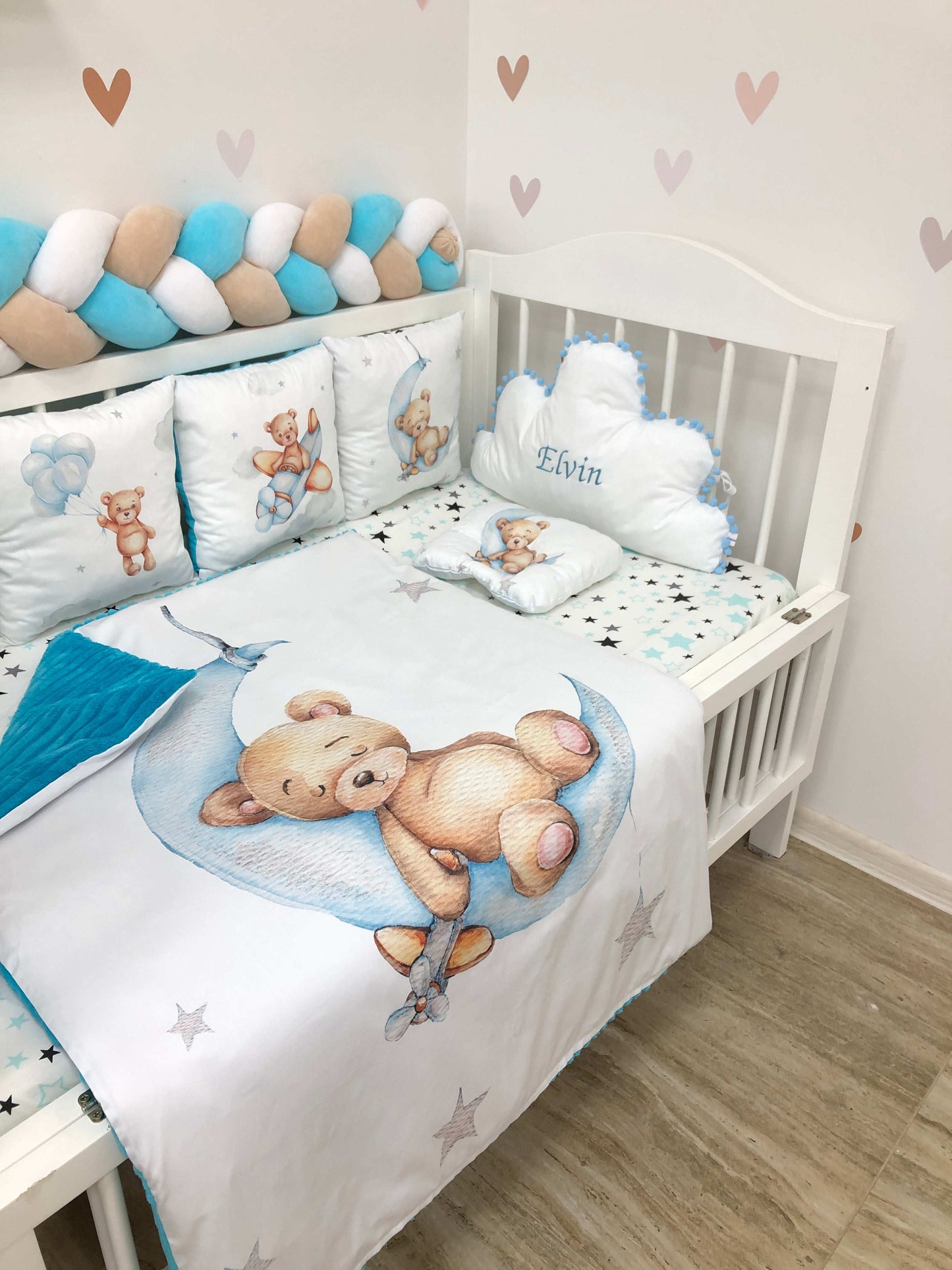 Crib set "Cerulean Teddy" - Baby Bedding Worlds