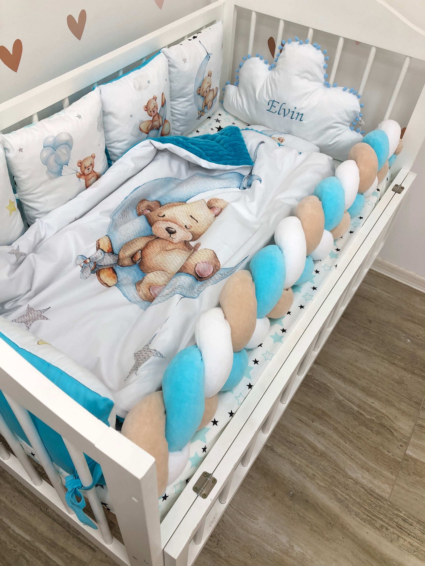 Crib set "Cerulean Teddy" - Baby Bedding Worlds