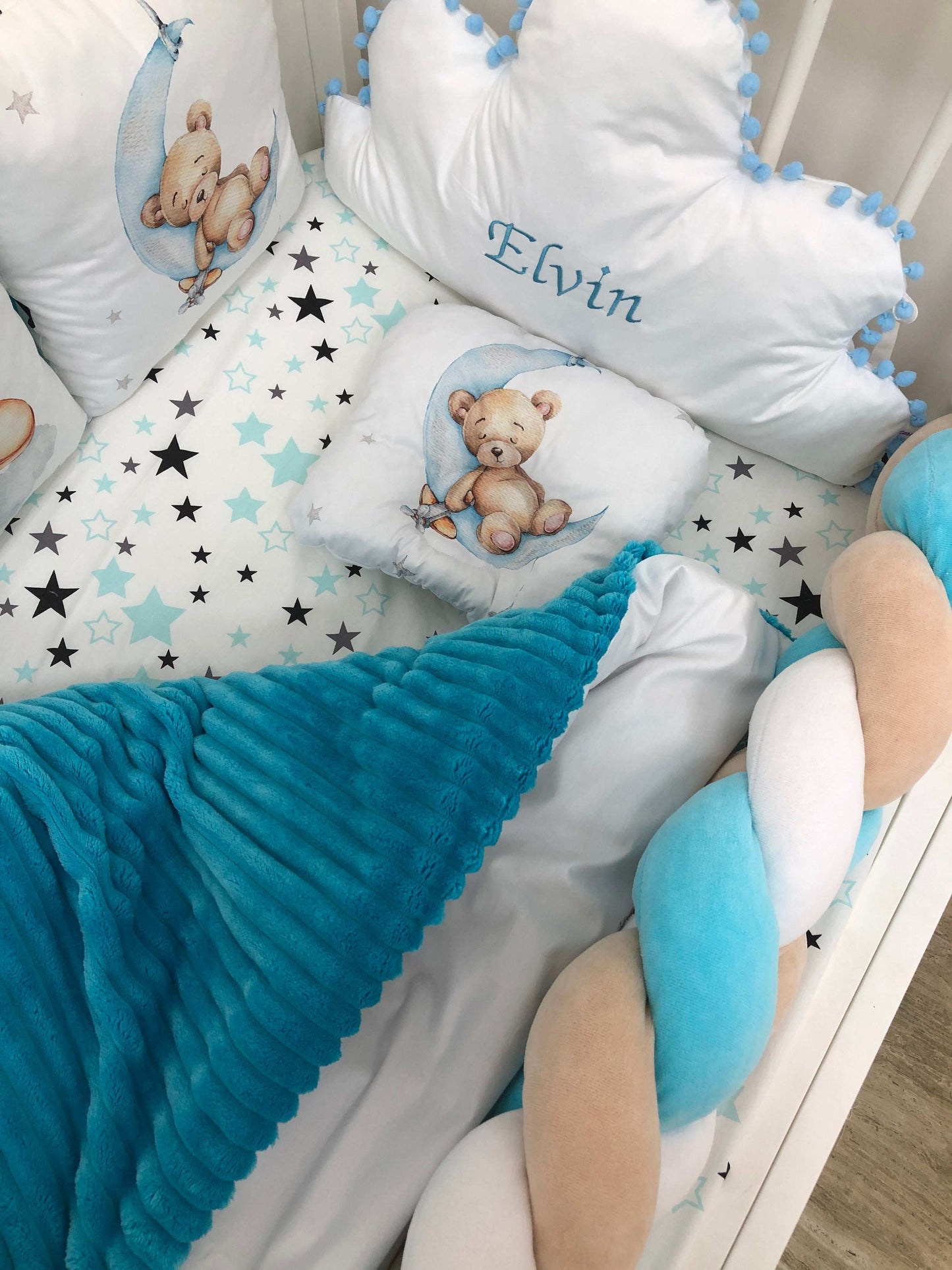 Crib set "Cerulean Teddy" - Baby Bedding Worlds