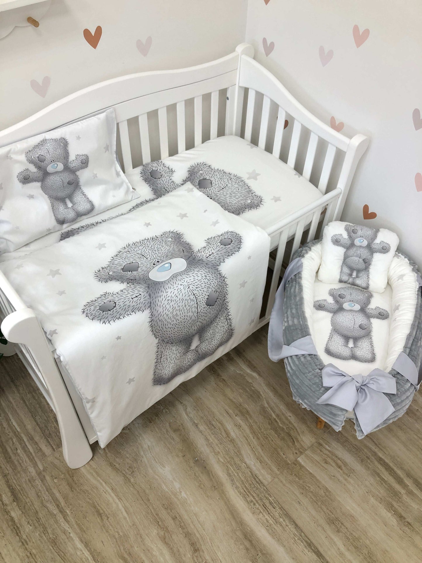 Crib set "Grey Teddy" - Baby Bedding Worlds