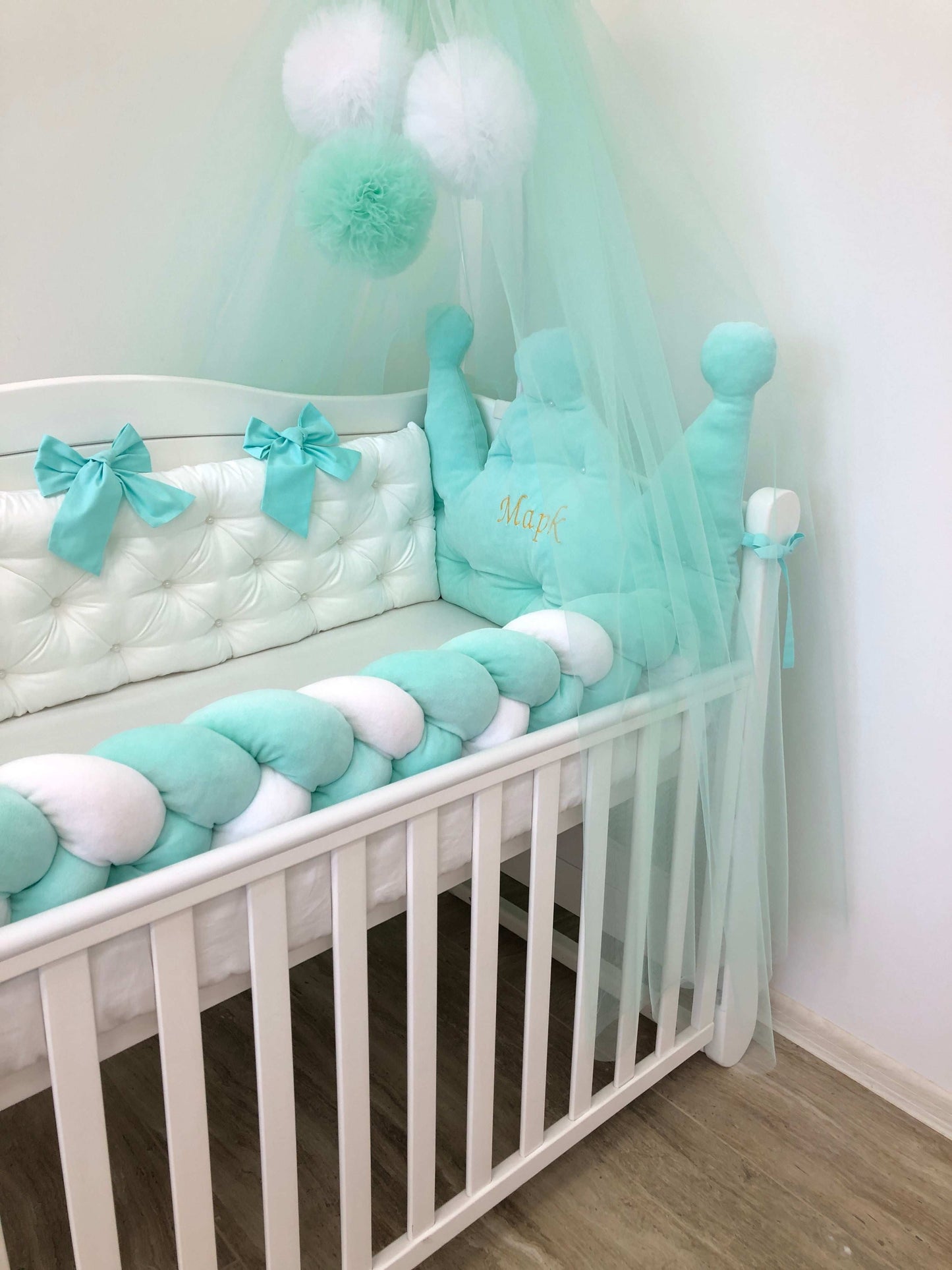 Crib bedding set "Delicate mint white" - Baby Bedding Worlds