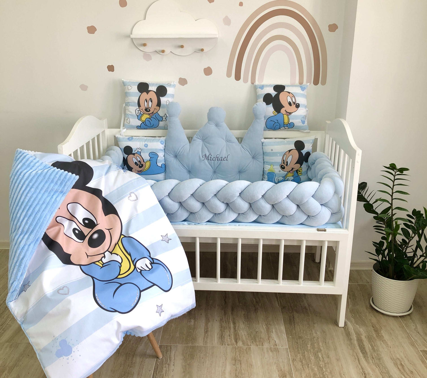 Crib Bedding set "Mickey Mouse with a blue braid" - Baby Bedding Worlds