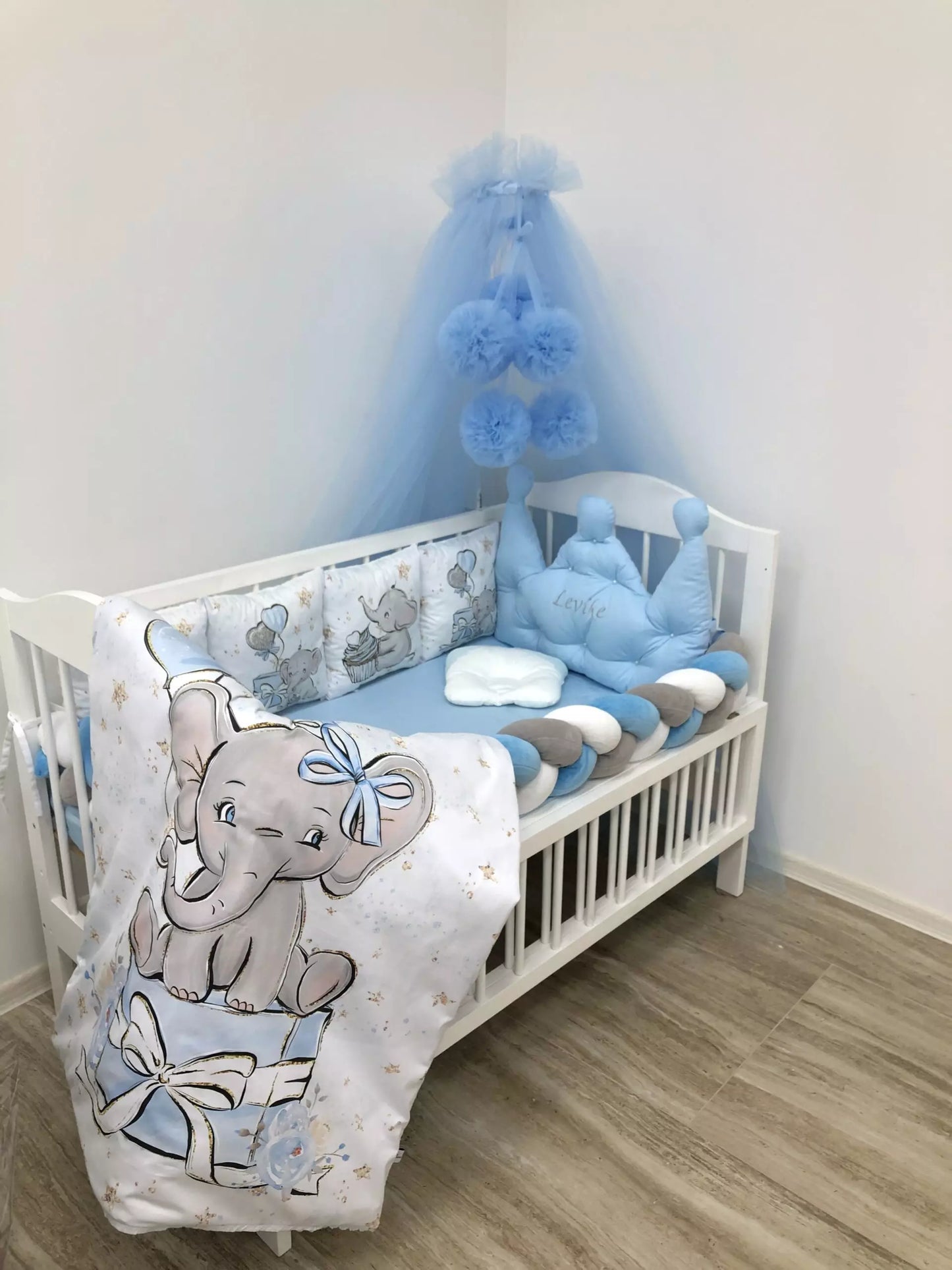 Crib set “Blue Elephant” - Baby Bedding Worlds