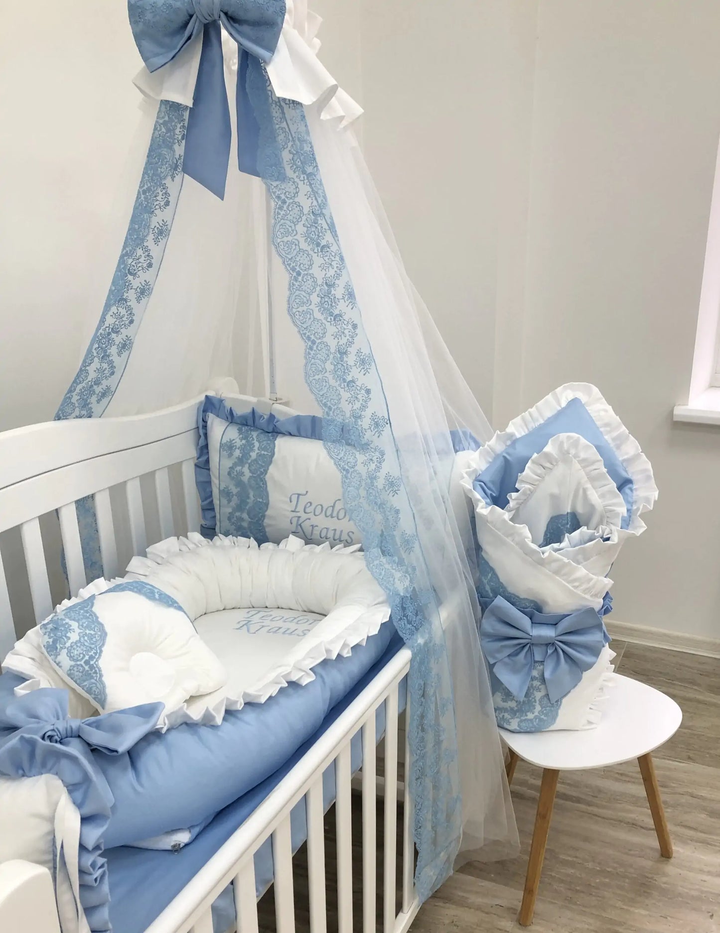Luxury personalized bedding set “Blue Dream ” color blue and white - Baby Bedding Worlds