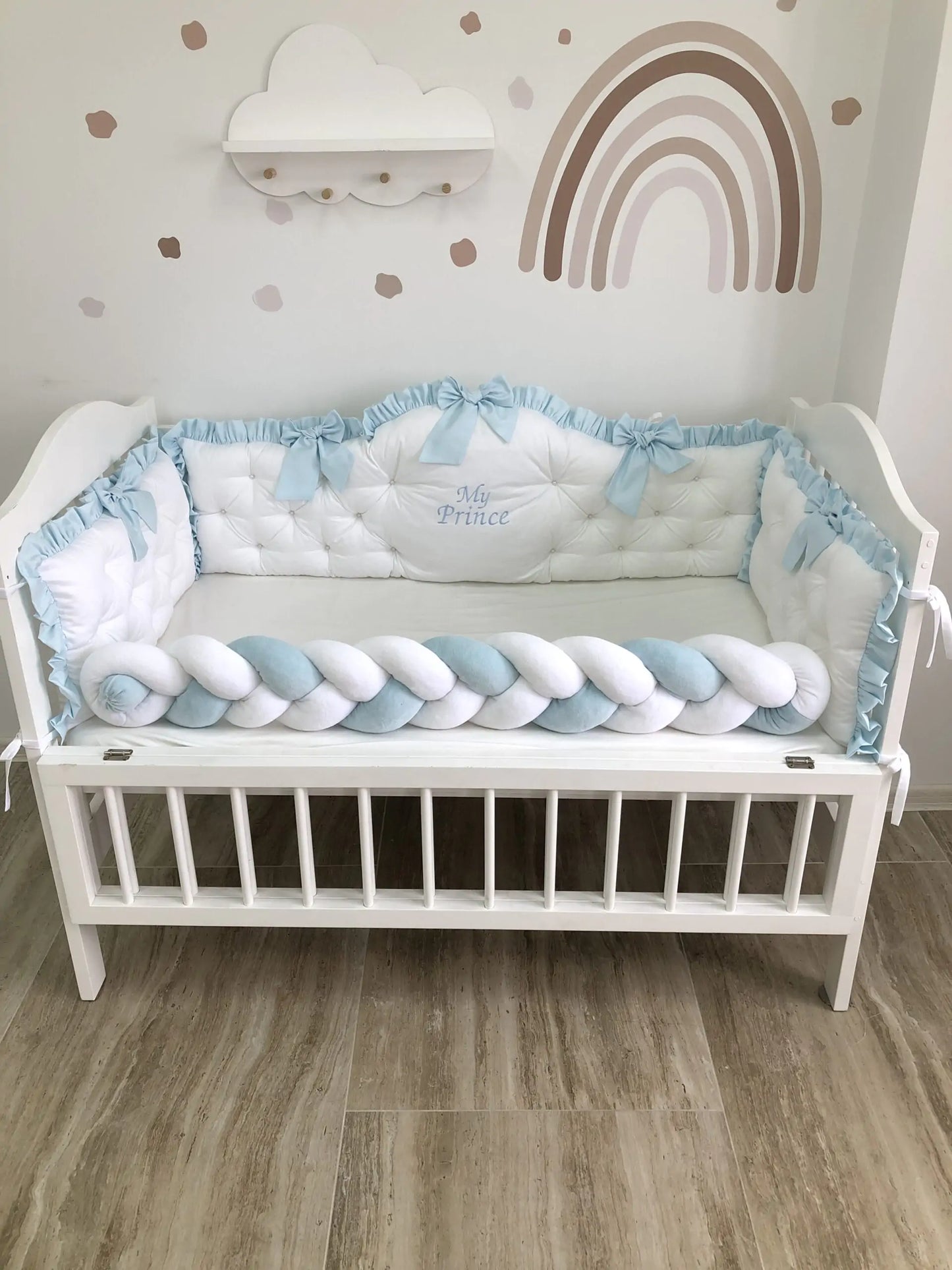 Personalized crib Bumper “My Prince” color light blue and white - Baby Bedding Worlds