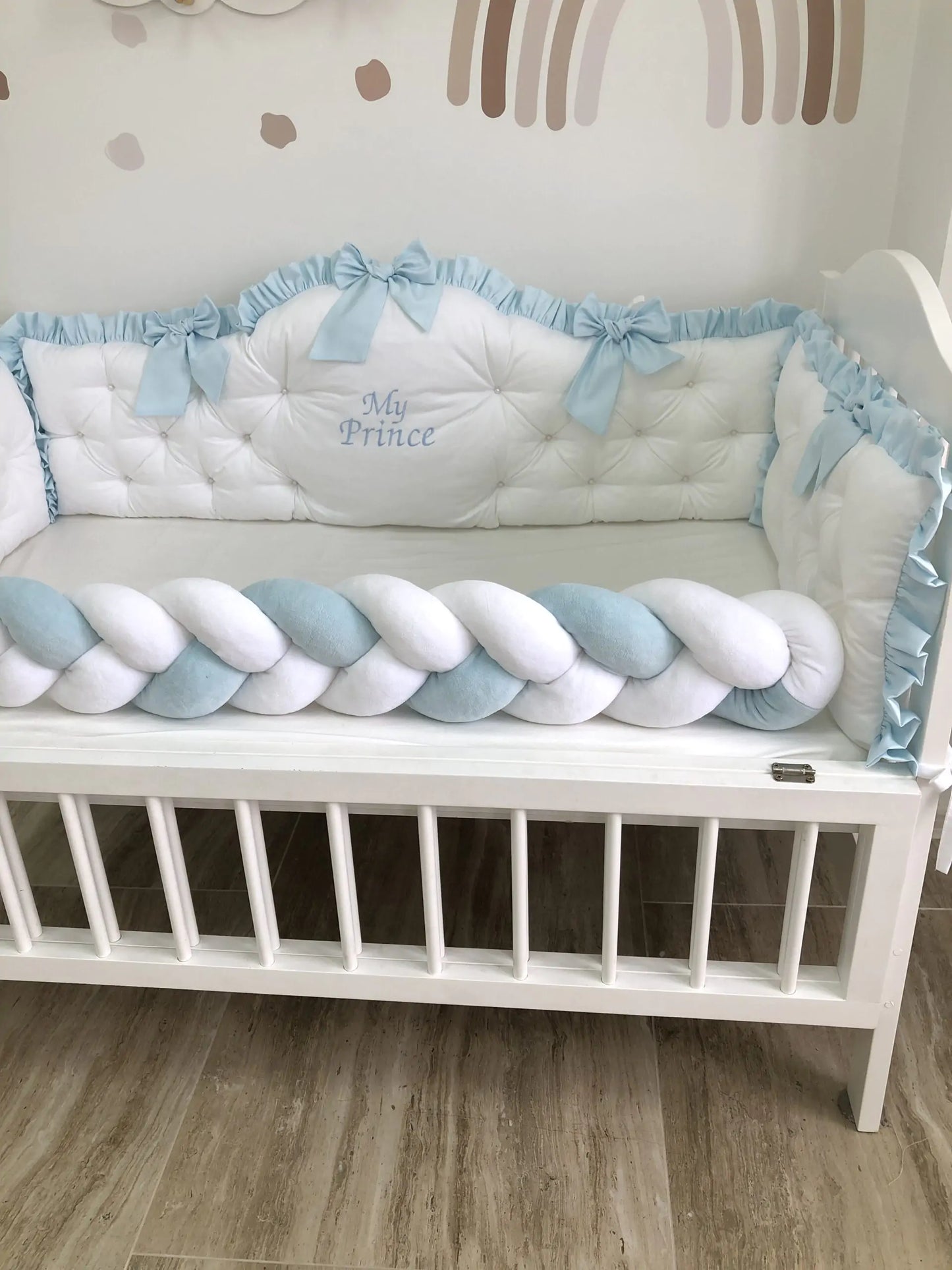 Personalized crib Bumper “My Prince” color light blue and white - Baby Bedding Worlds