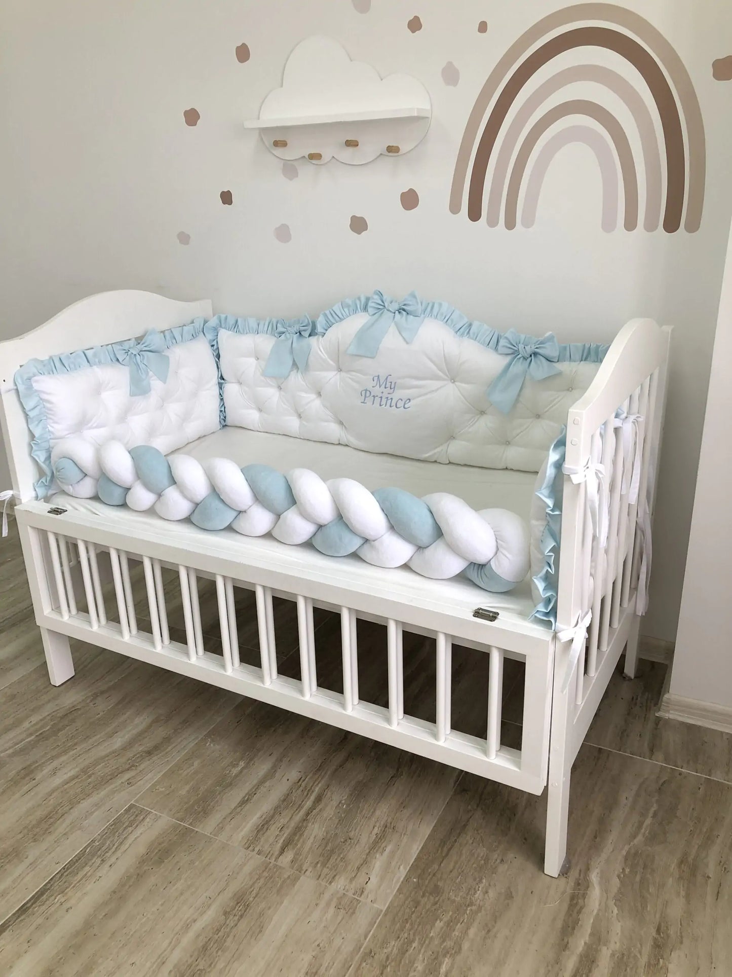 Personalized crib Bumper “My Prince” color light blue and white - Baby Bedding Worlds
