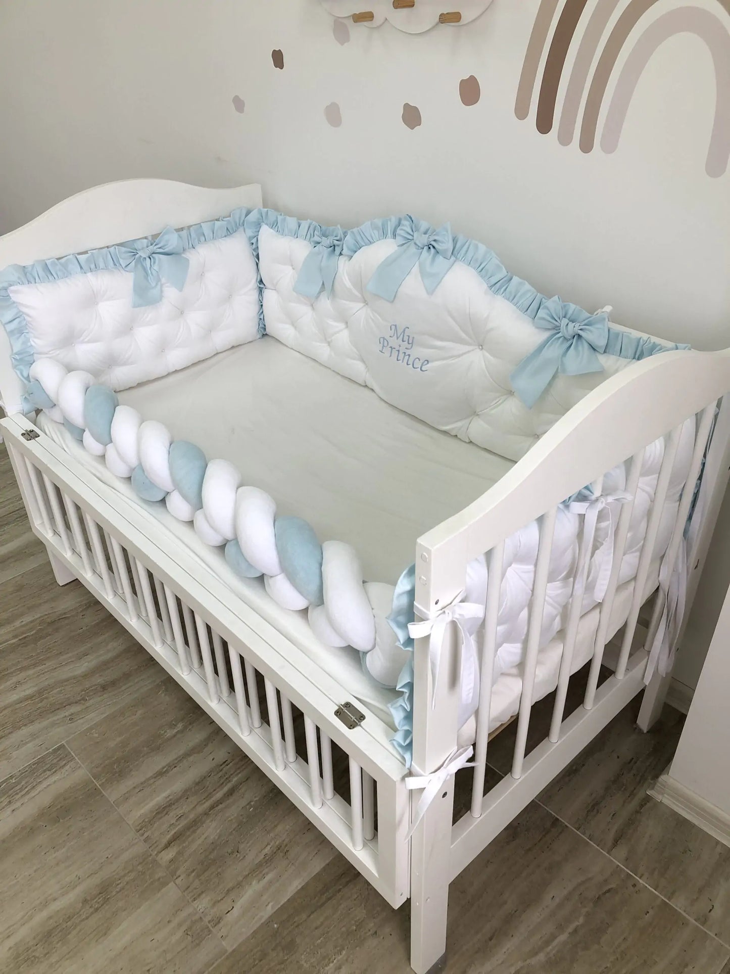 Personalized crib Bumper “My Prince” color light blue and white - Baby Bedding Worlds