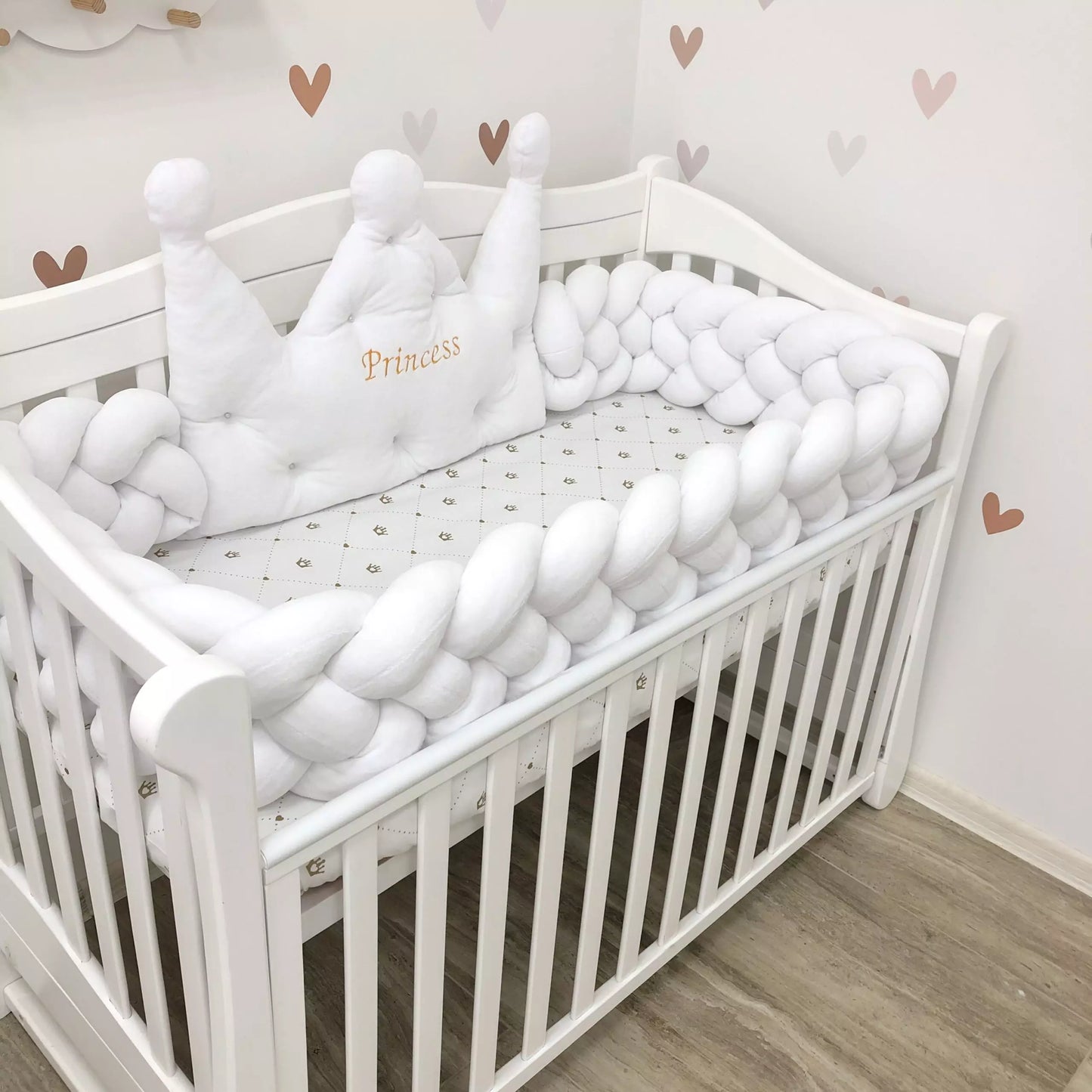 White baby bedding set - Crib bumper “Crown and braided” - Baby Bedding Worlds