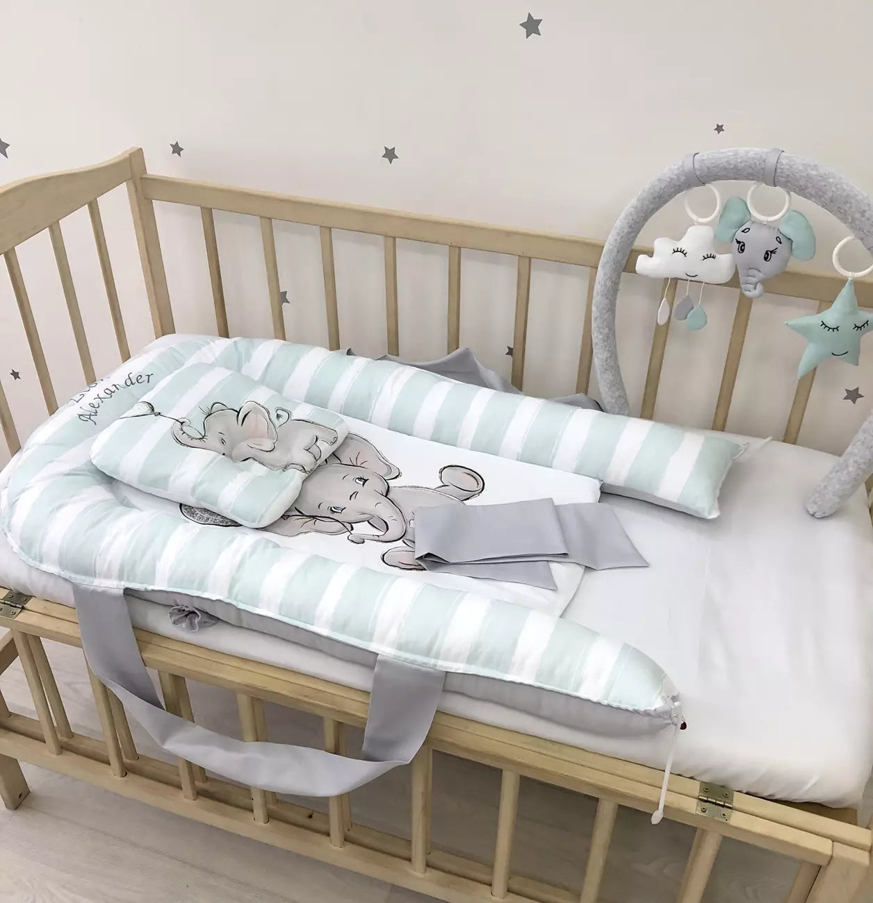 Baby Nest gray Elephant “Nest for babies with bow and toys” - Baby Bedding Worlds