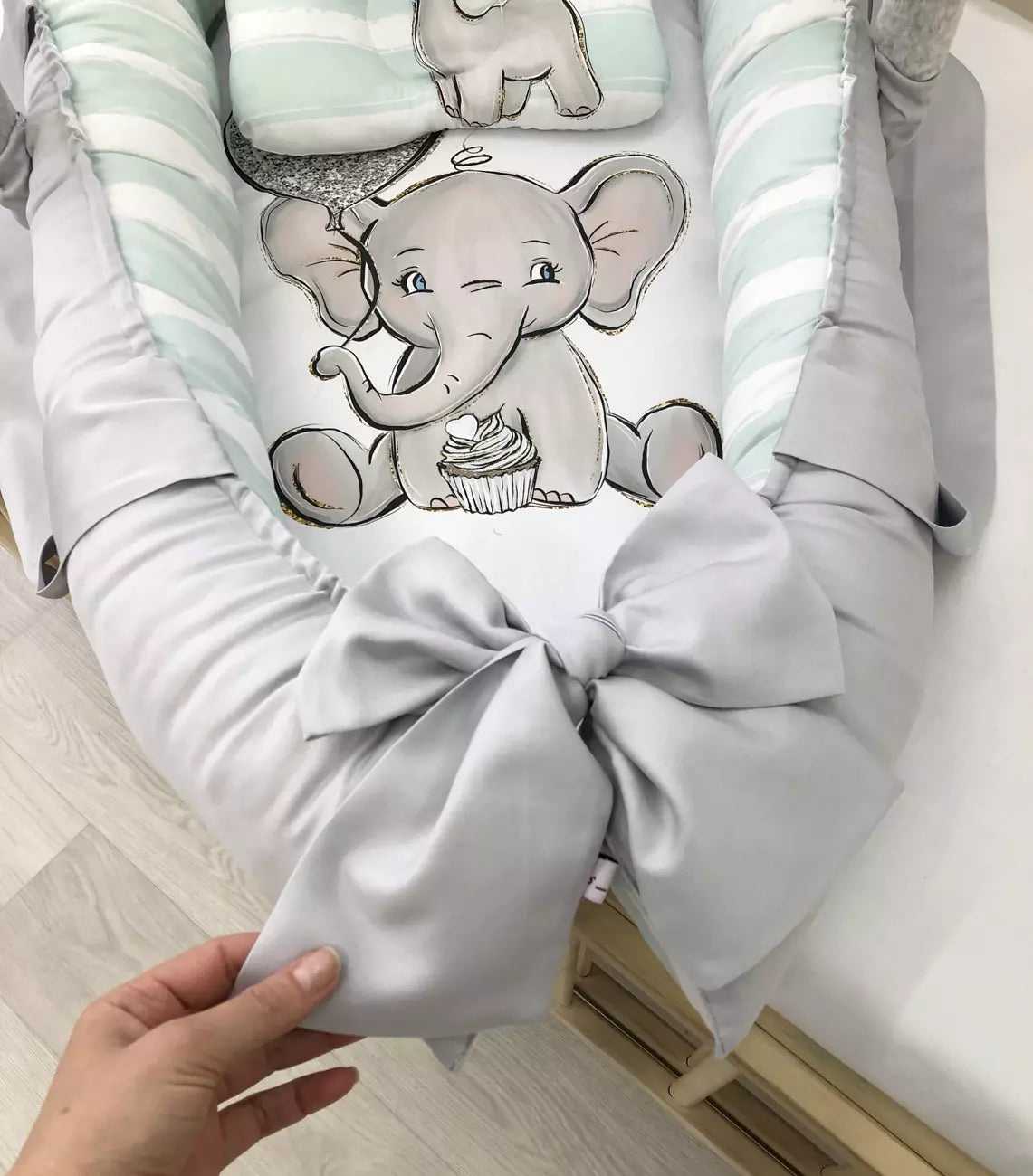 Baby Nest gray Elephant “Nest for babies with bow and toys” - Baby Bedding Worlds
