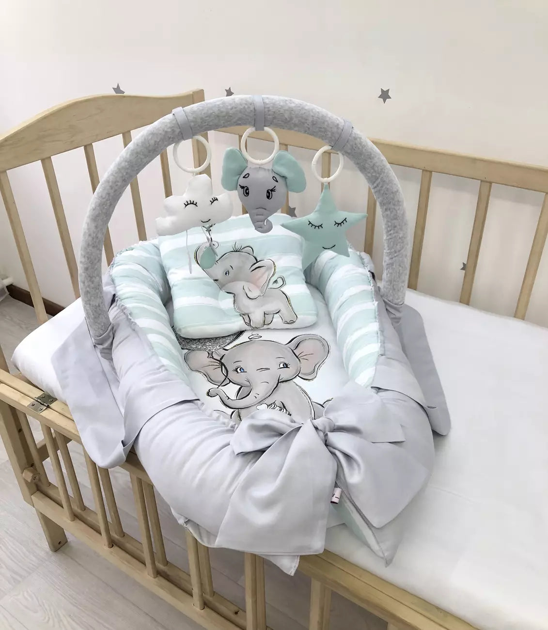 Baby Nest gray Elephant “Nest for babies with bow and toys” - Baby Bedding Worlds