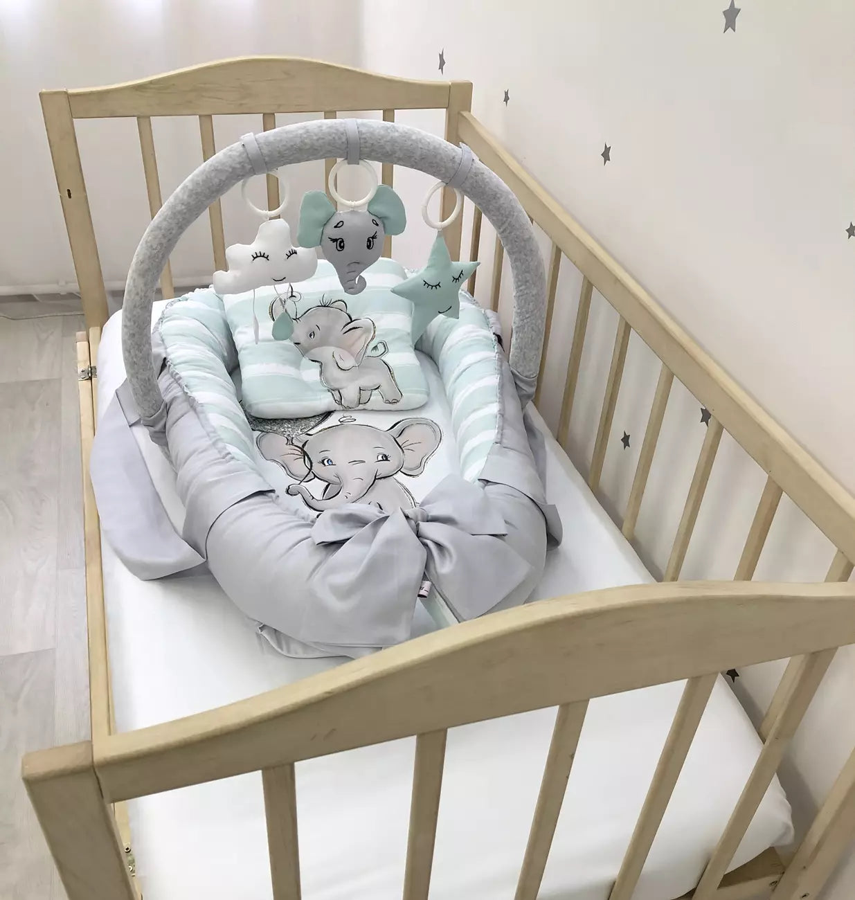 Baby Nest gray Elephant “Nest for babies with bow and toys” - Baby Bedding Worlds
