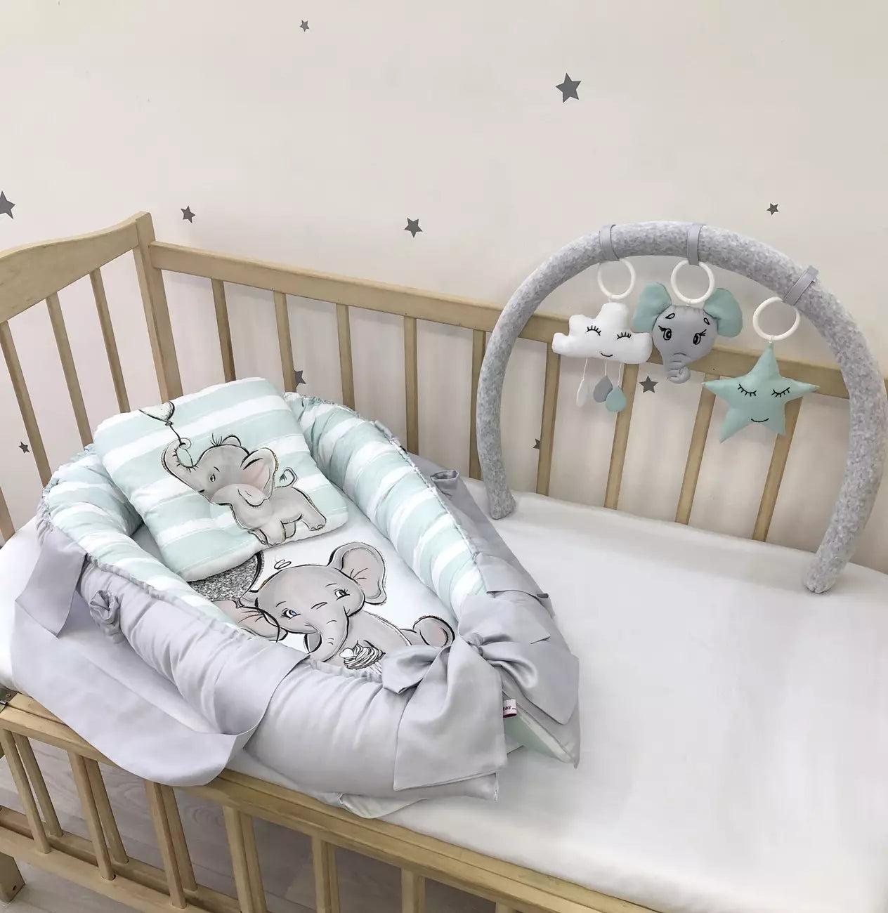 Baby Nest gray Elephant “Nest for babies with bow and toys” - Baby Bedding Worlds