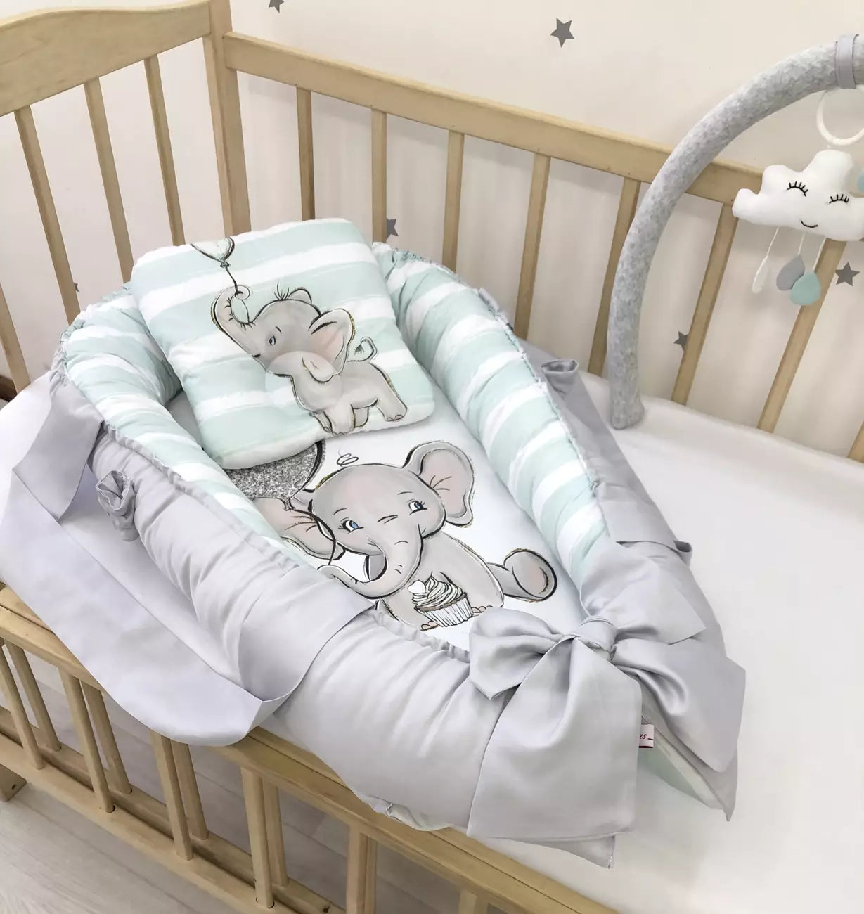 Baby Nest gray Elephant “Nest for babies with bow and toys” - Baby Bedding Worlds