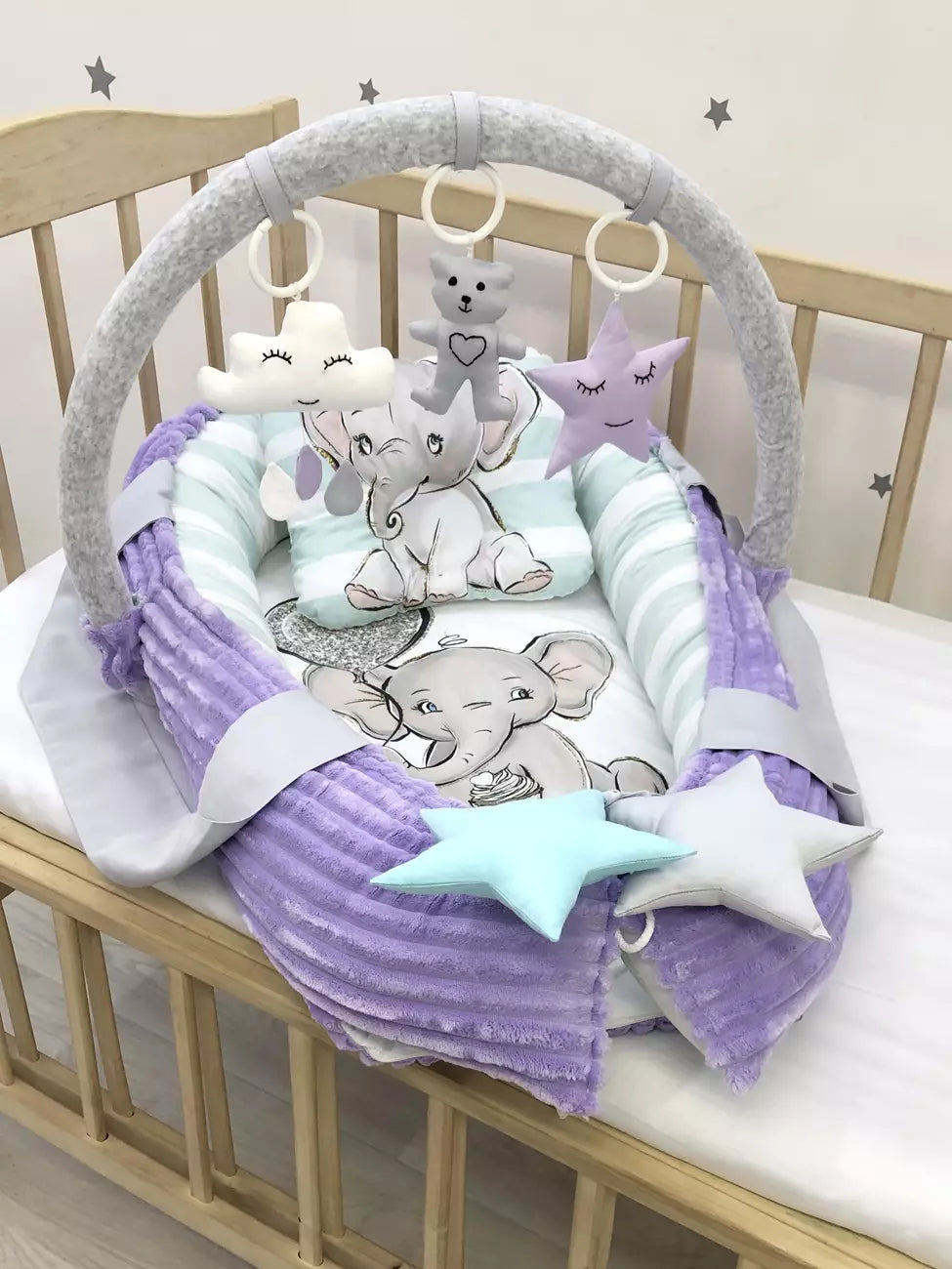 Baby nest “Purple Elephant” - Baby Bedding Worlds