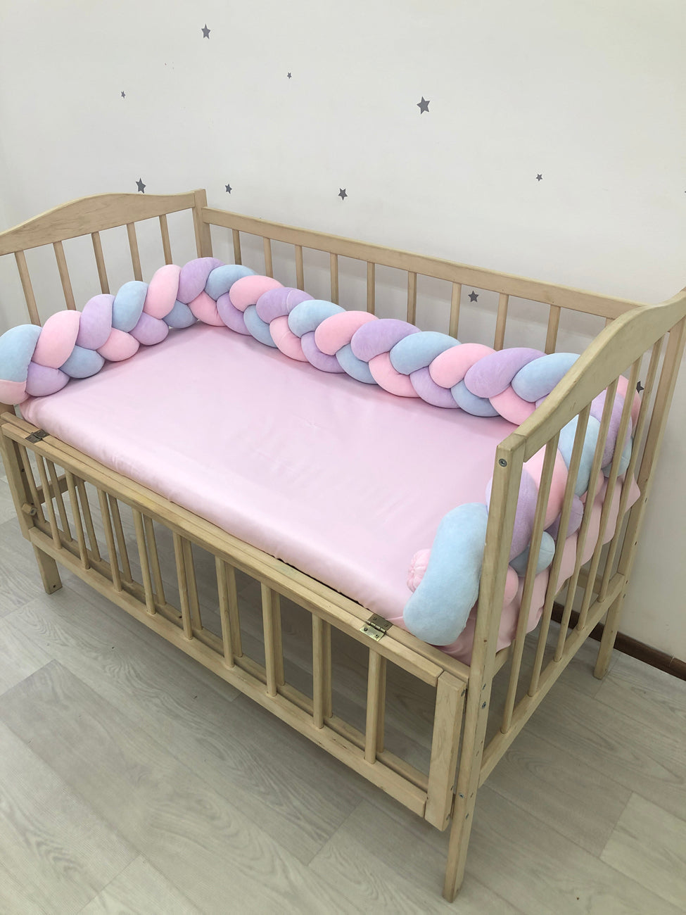 3-strand pink+lilac+blue knot bumper - Baby Bedding Worlds