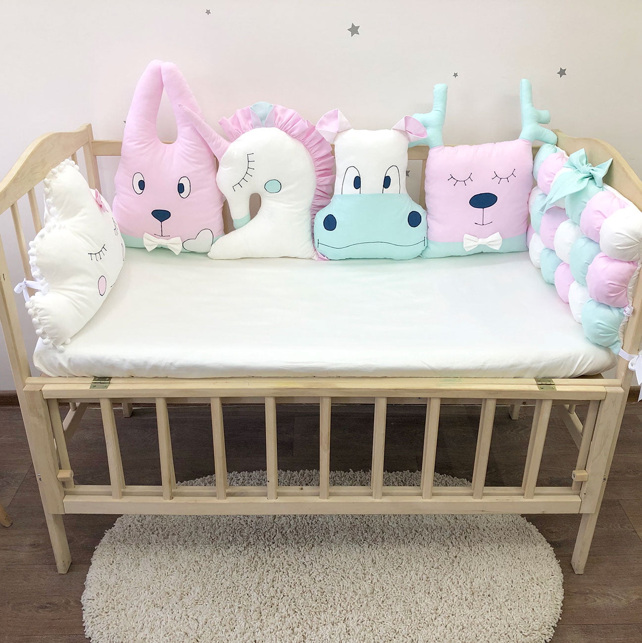 Pink bumpers set for newborn - “Animal Bumpers” - Baby Bedding Worlds