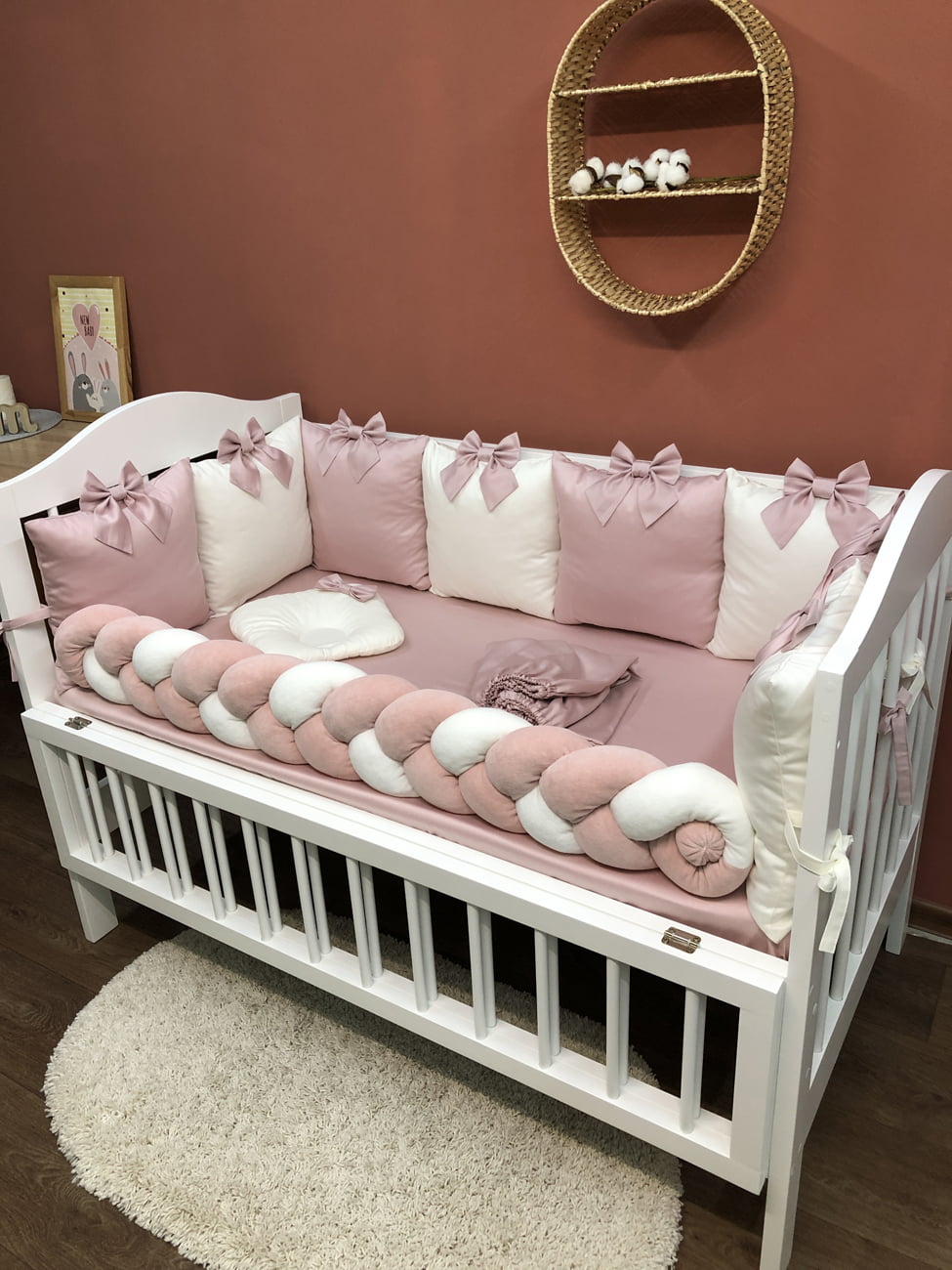 Baby bedding set - pink color “Bumper pillow with bow” - Baby Bedding Worlds