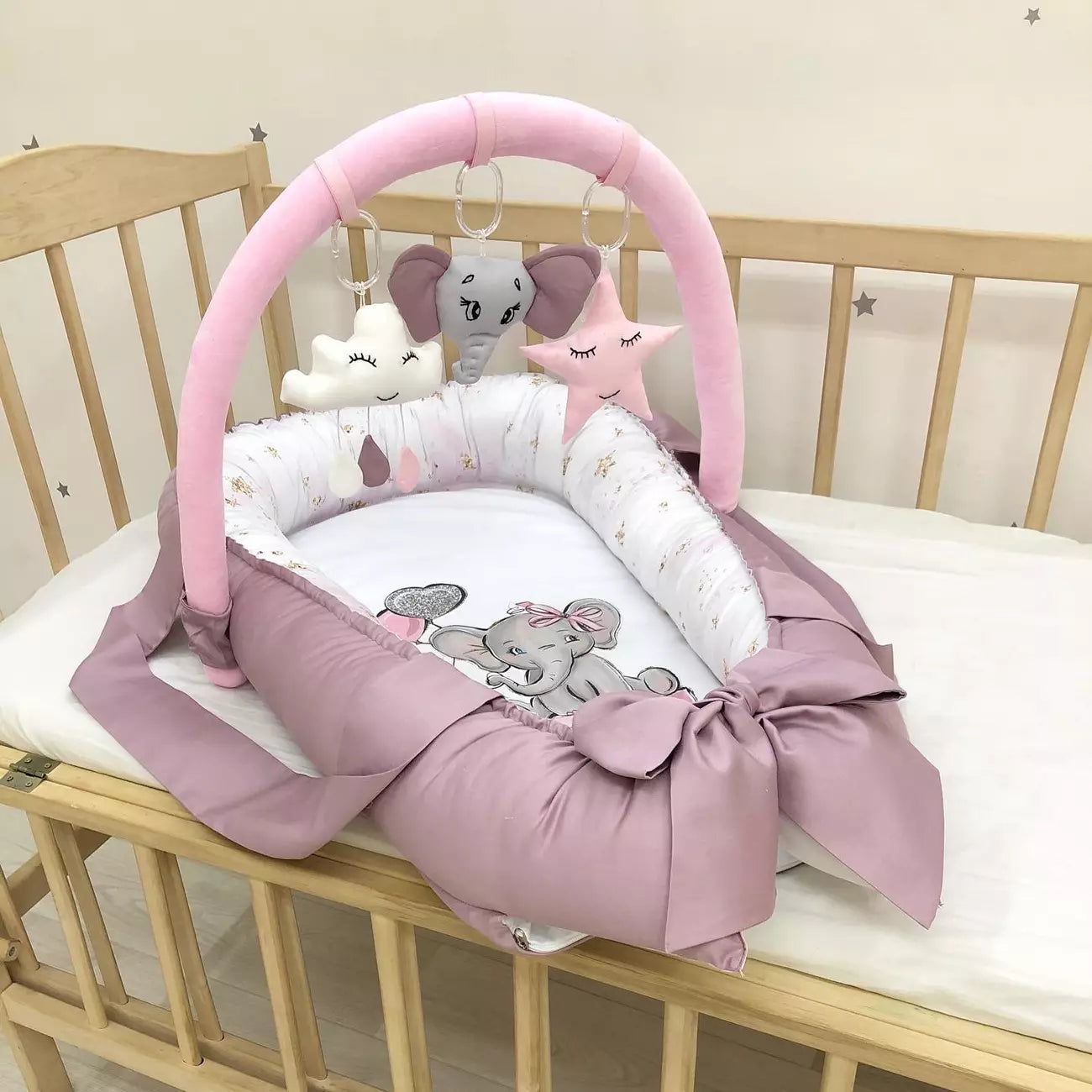 Baby Nest Elephant “Nest for babies with bow and toys” - Baby Bedding Worlds