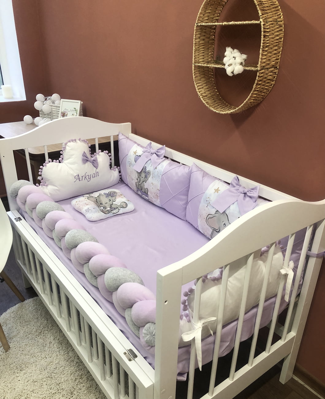 Crib set “Lilac Elephant” - Baby Bedding Worlds