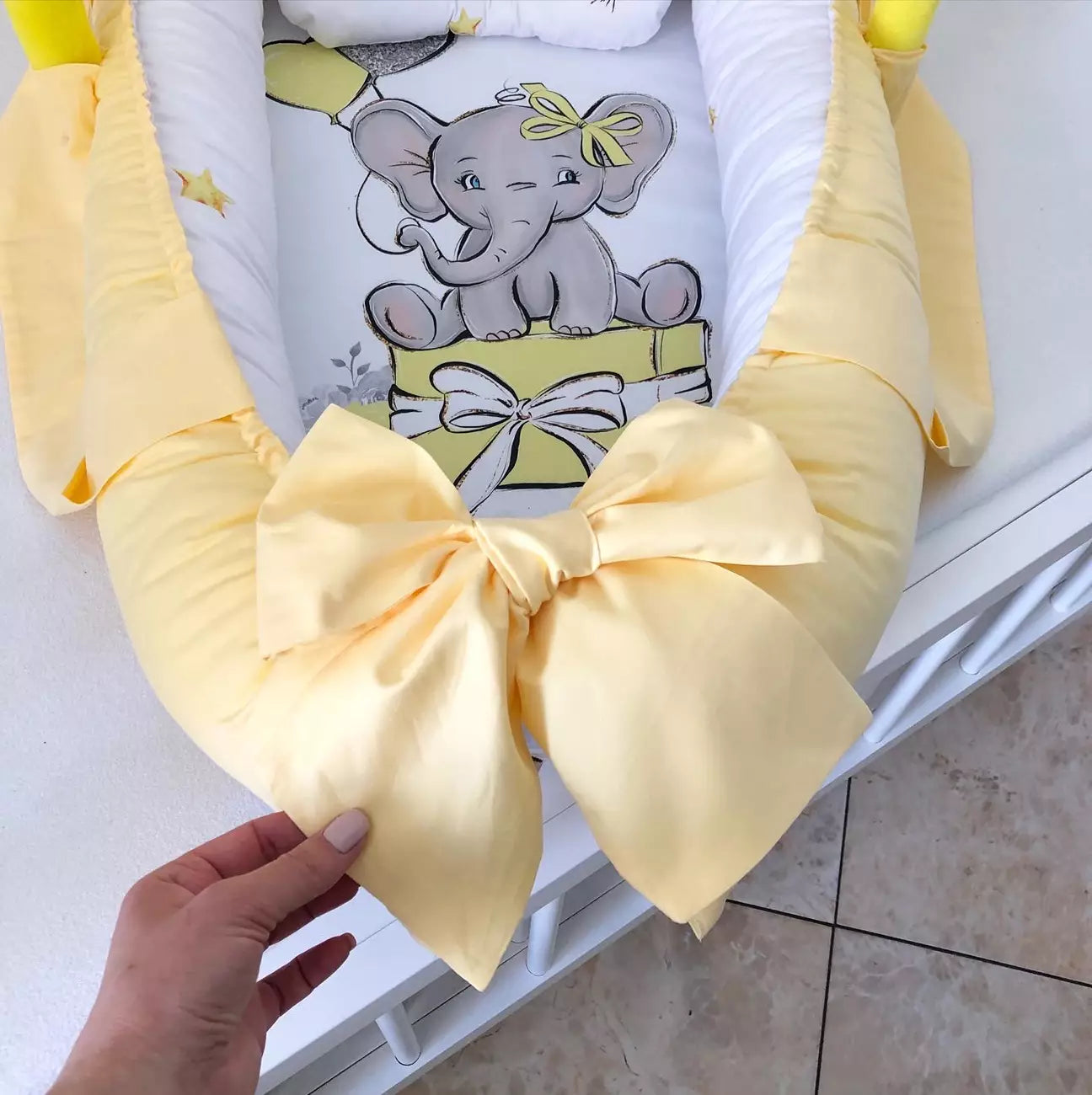 Baby Nest yellow Elephant “Nest for babies with bow and toys” - Baby Bedding Worlds
