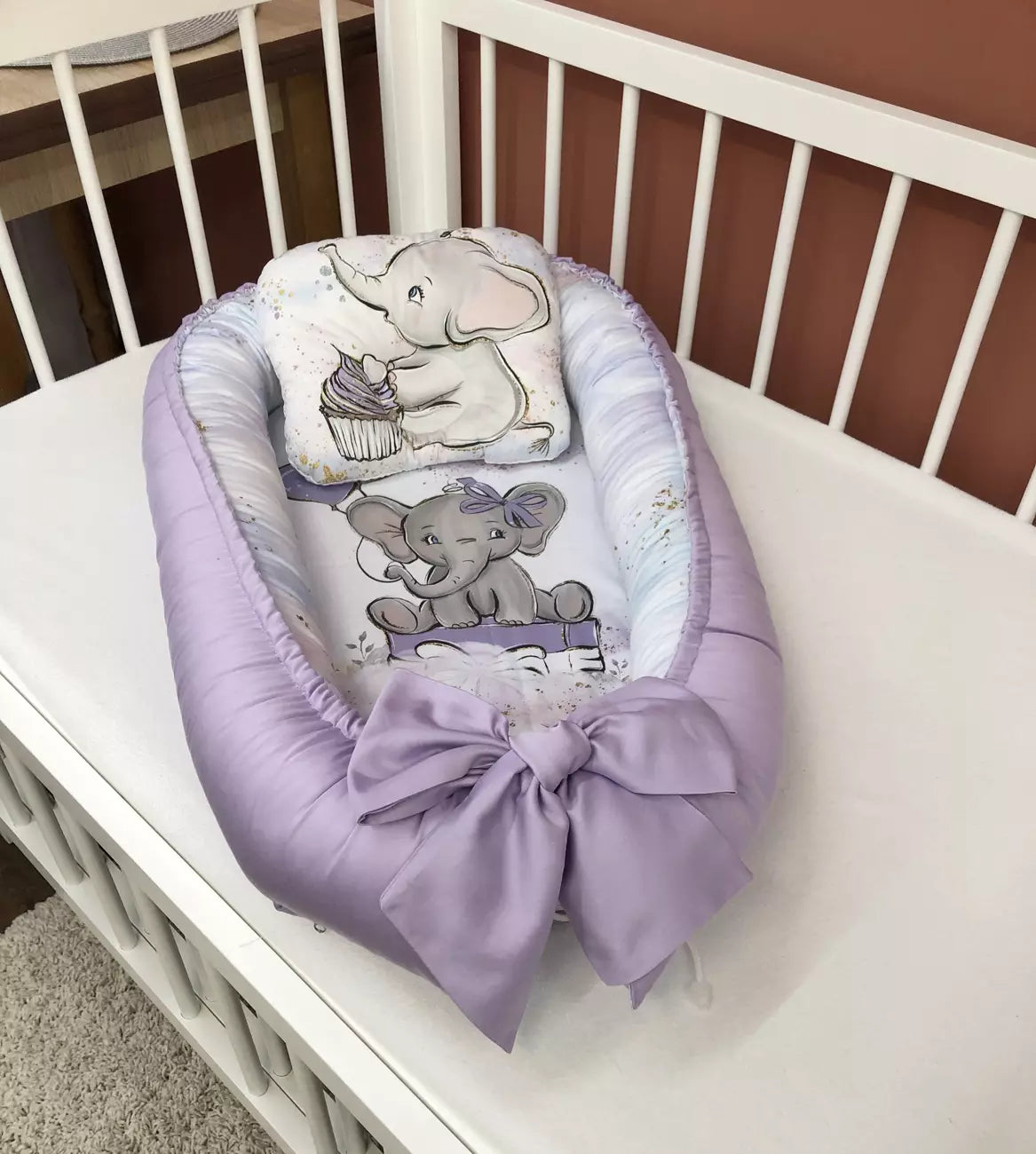 Baby Nest “Lilac Elephant” - Baby Bedding Worlds