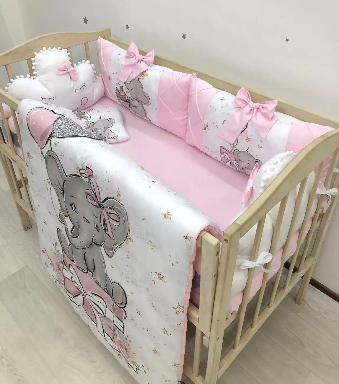 Crib set “Pink Elephant for girl” - Baby Bedding Worlds