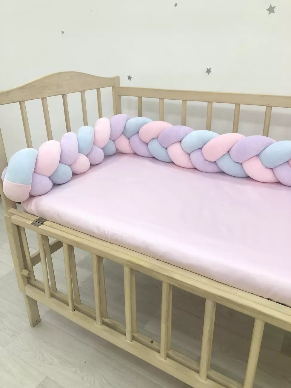 3-strand pink+lilac+blue knot bumper - Baby Bedding Worlds