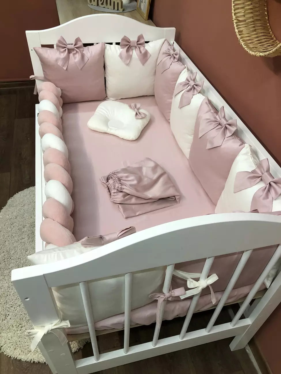 Baby bedding set - pink color “Bumper pillow with bow” - Baby Bedding Worlds