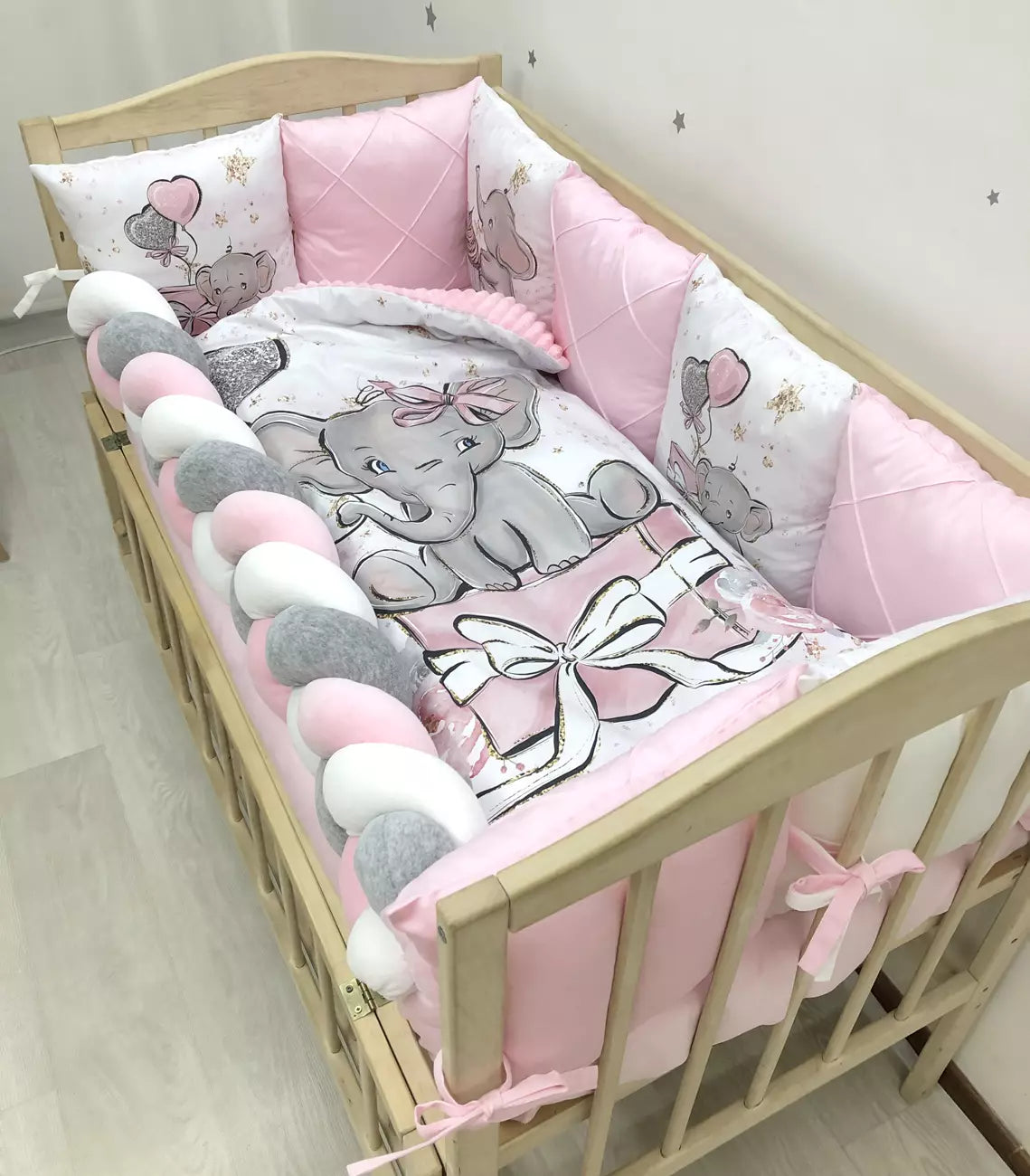 Crib set “Pink Elephant” - Baby Bedding Worlds