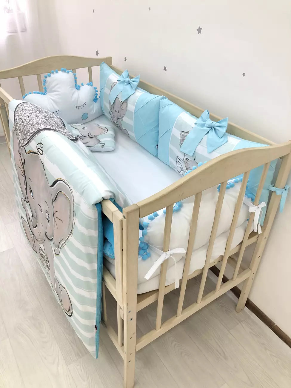 Crib set “Azure elephant” - Baby Bedding Worlds